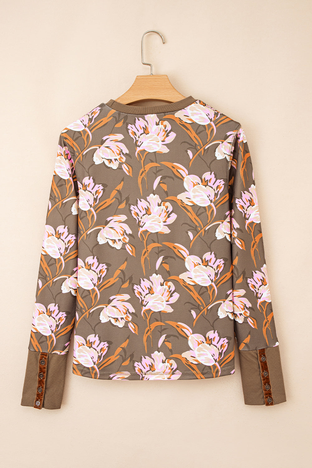 Brown Floral Print Waffle Textured Long Sleeve Top-Tops/Long Sleeve Tops-[Adult]-[Female]-2022 Online Blue Zone Planet