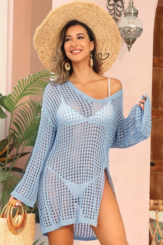 Crochet Side Split Beach Coverups Swimwear Dress-[Adult]-[Female]-2022 Online Blue Zone Planet