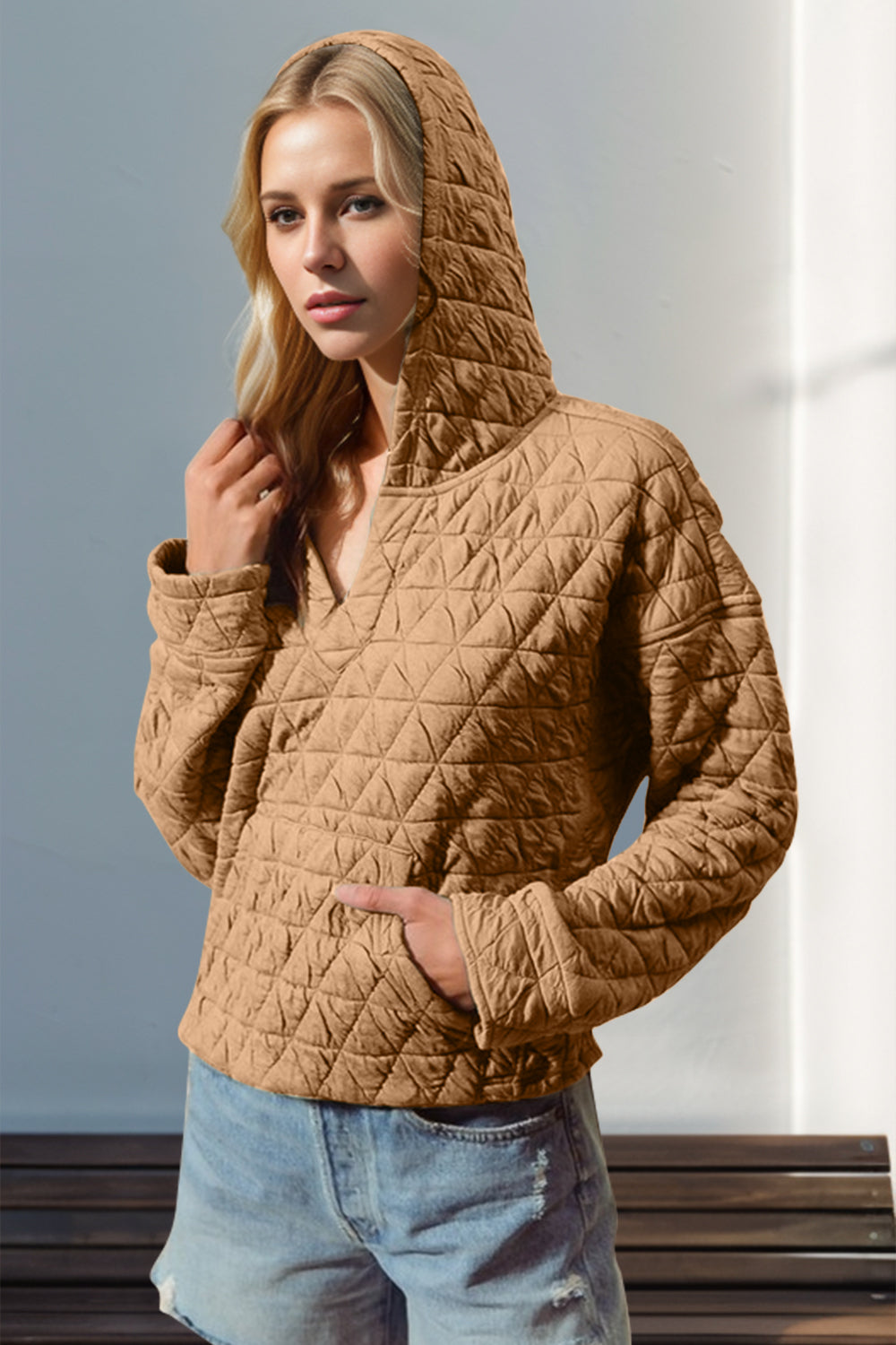 Double Take Quilted Long Sleeve Hoodie with Pocket-TOPS / DRESSES-[Adult]-[Female]-Camel-S-2022 Online Blue Zone Planet