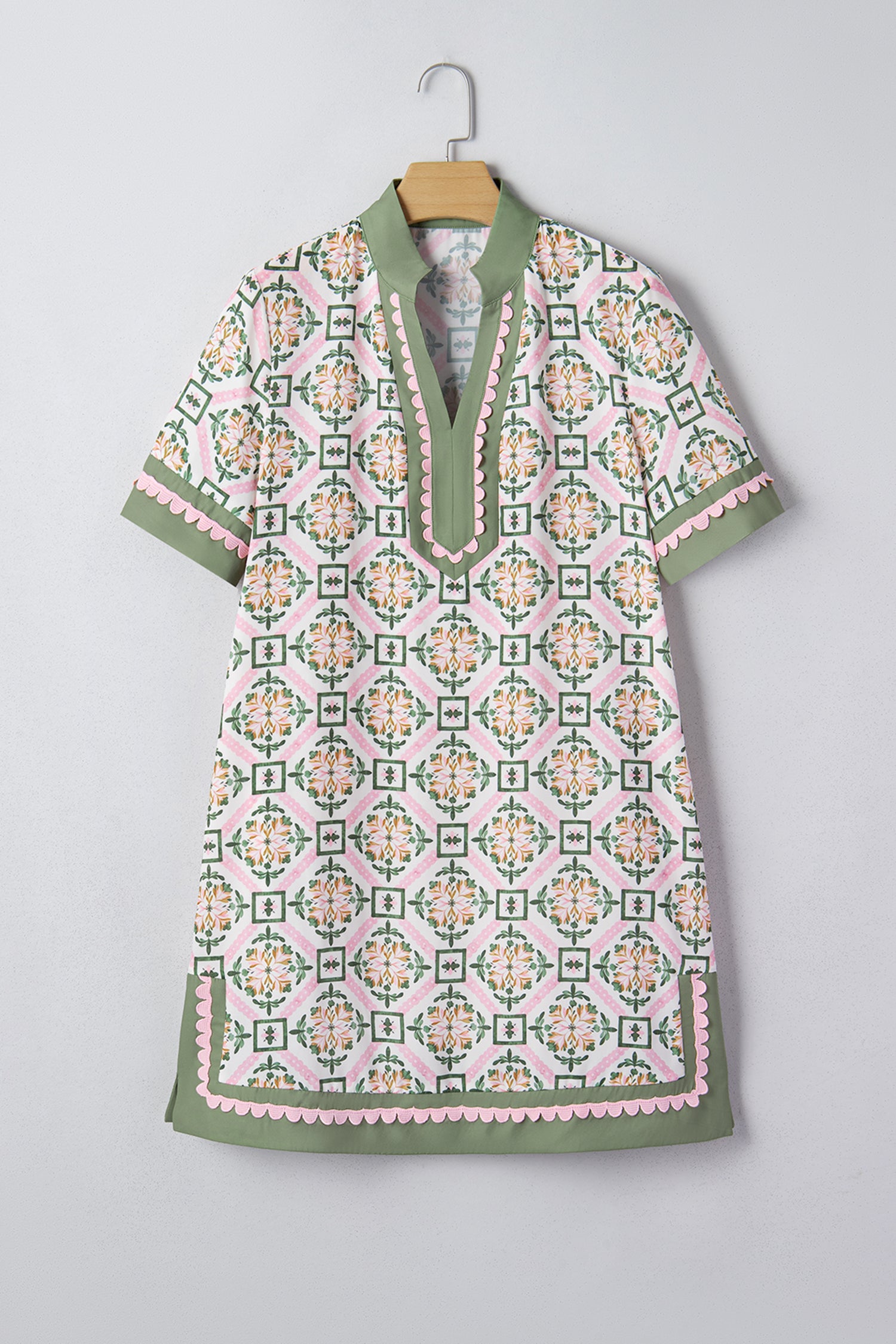 Multicolour Boho Geometric Flower Print Short Sleeve Loose Mini Dress-TOPS / DRESSES-[Adult]-[Female]-2022 Online Blue Zone Planet