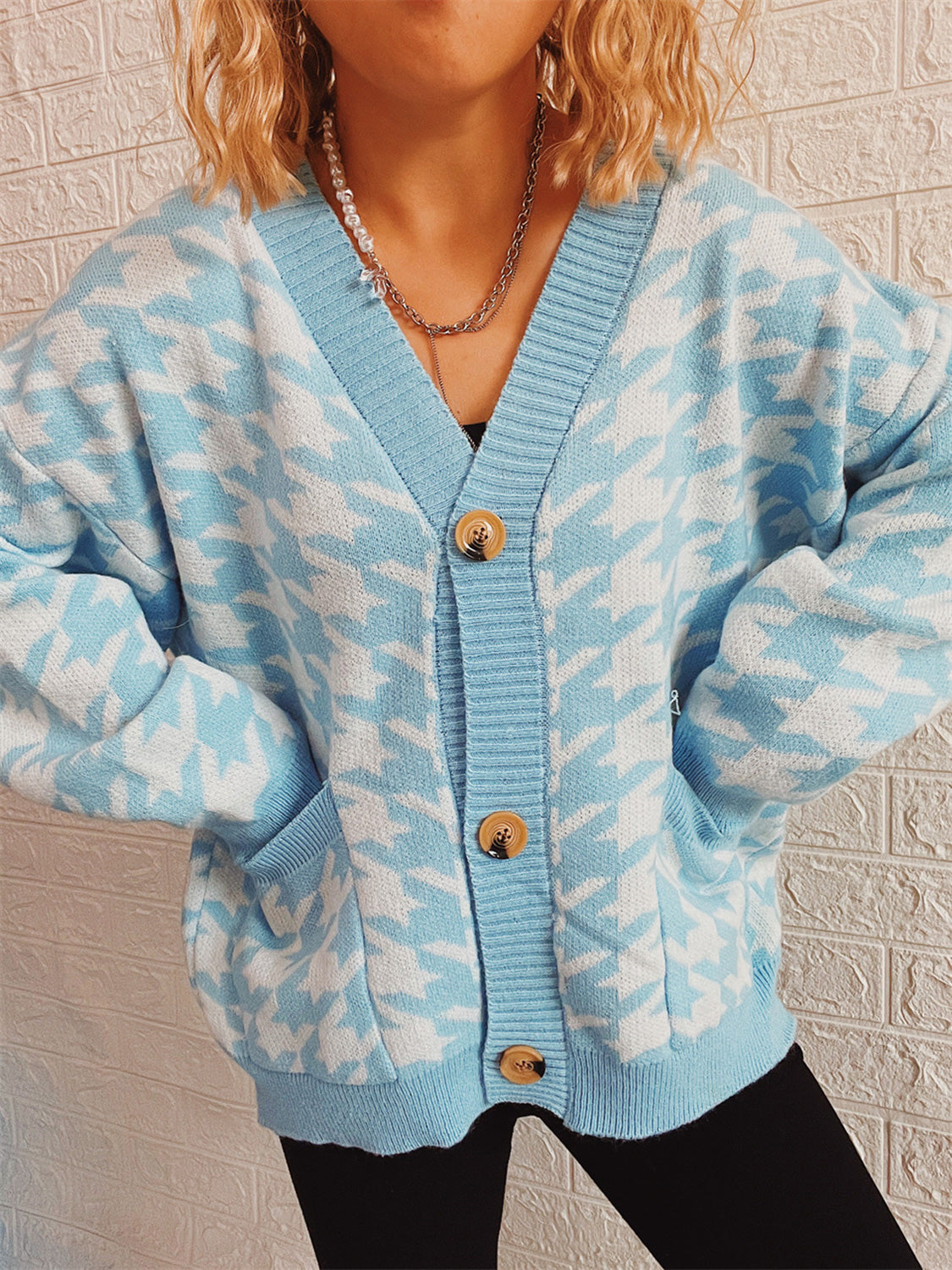 Houndstooth Botton Front Cardigan with Pockets-TOPS / DRESSES-[Adult]-[Female]-Pastel Blue-S-2022 Online Blue Zone Planet