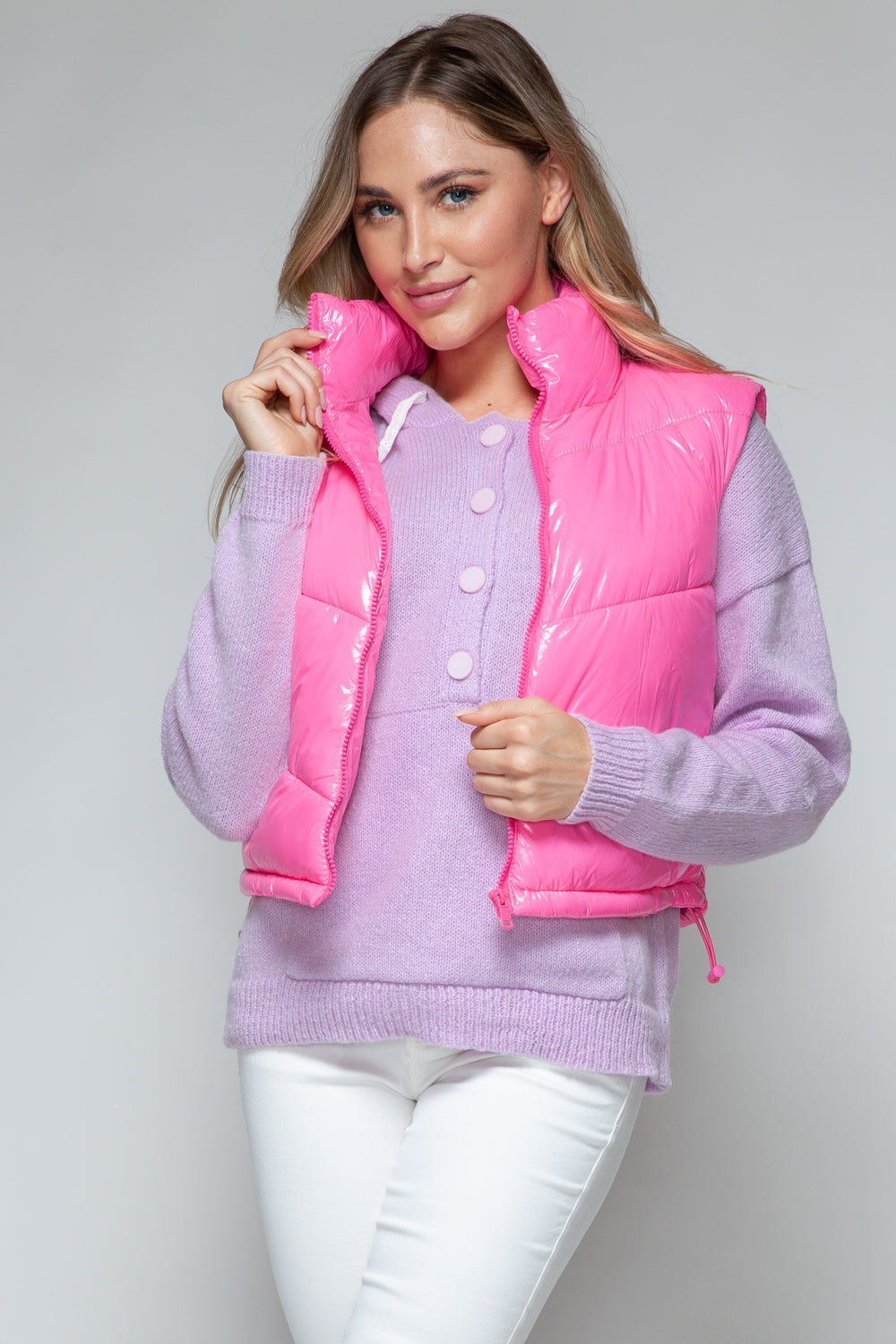 Snobbish Zip Up Turtleneck Shiny Quilted Vest-TOPS / DRESSES-[Adult]-[Female]-Hot Pink-S-2022 Online Blue Zone Planet