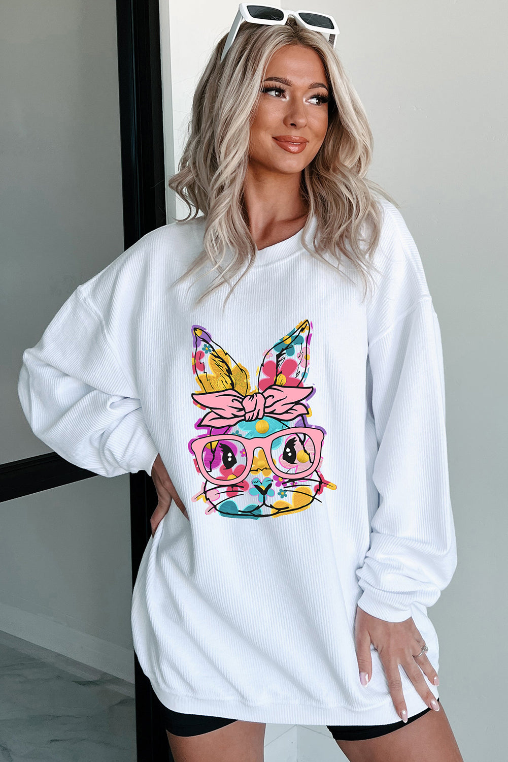 White Floral Rabbit with Glasses Graphic Corded Easter Sweatshirt-Graphic/Graphic Sweatshirts-[Adult]-[Female]-2022 Online Blue Zone Planet