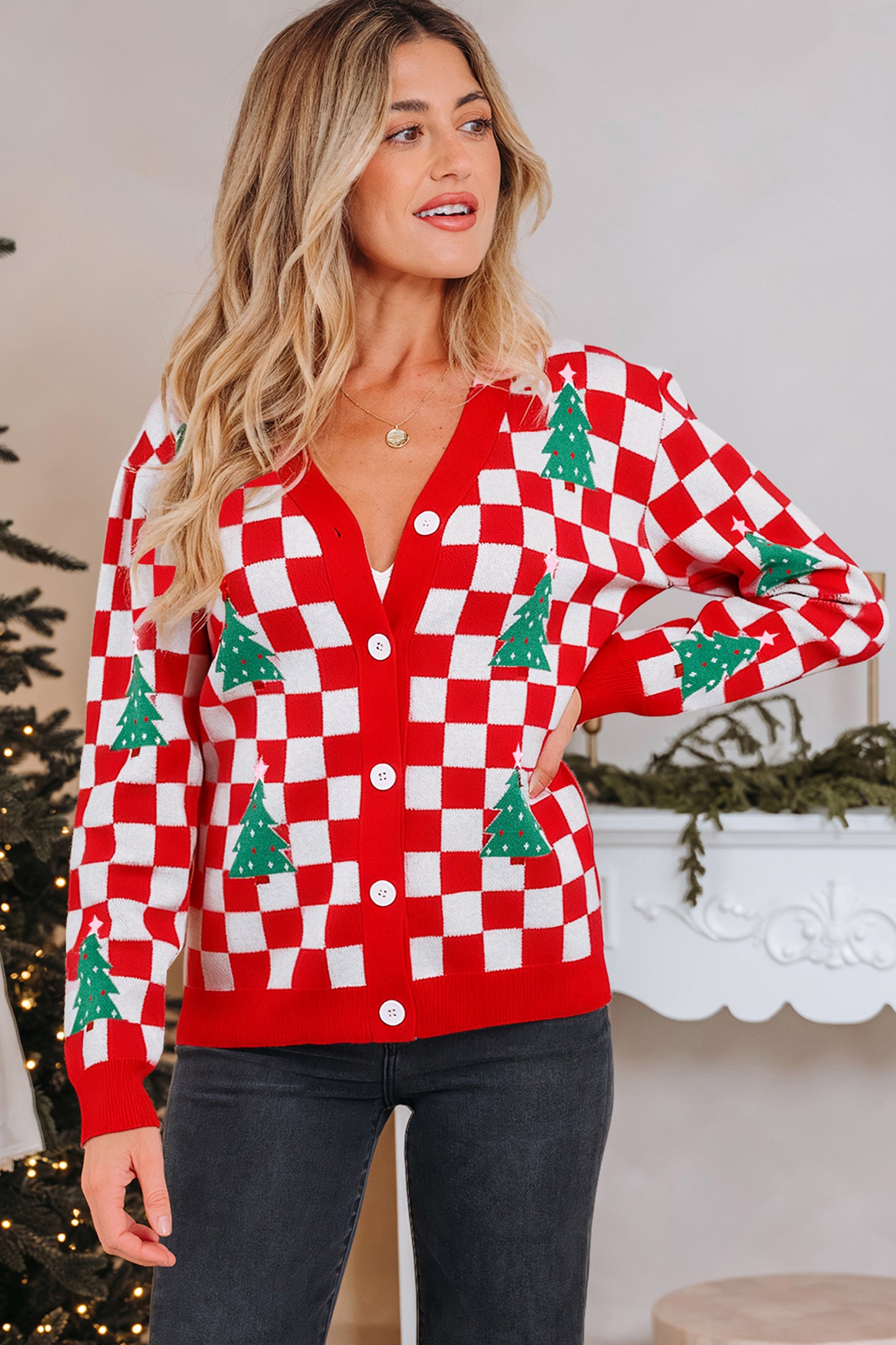Pink Checkered Christmas Tree Pattern Button V Neck Cardigan Sweater-TOPS / DRESSES-[Adult]-[Female]-2022 Online Blue Zone Planet