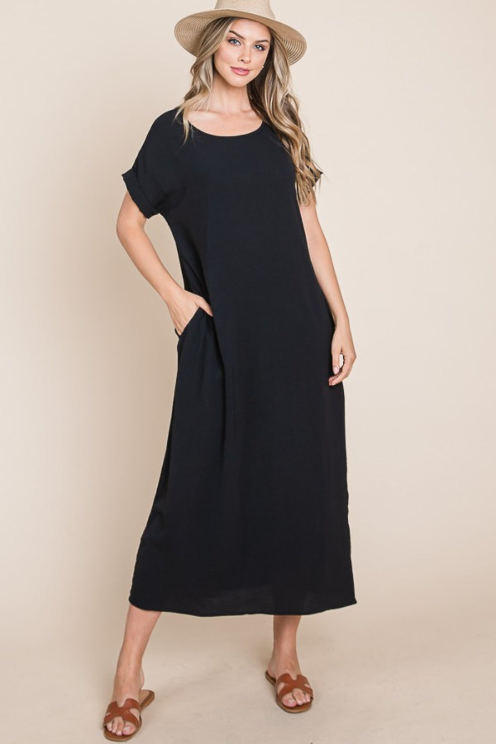 BOMBOM Round Neck Short Sleeve Midi Dress with Pockets-TOPS / DRESSES-[Adult]-[Female]-2022 Online Blue Zone Planet