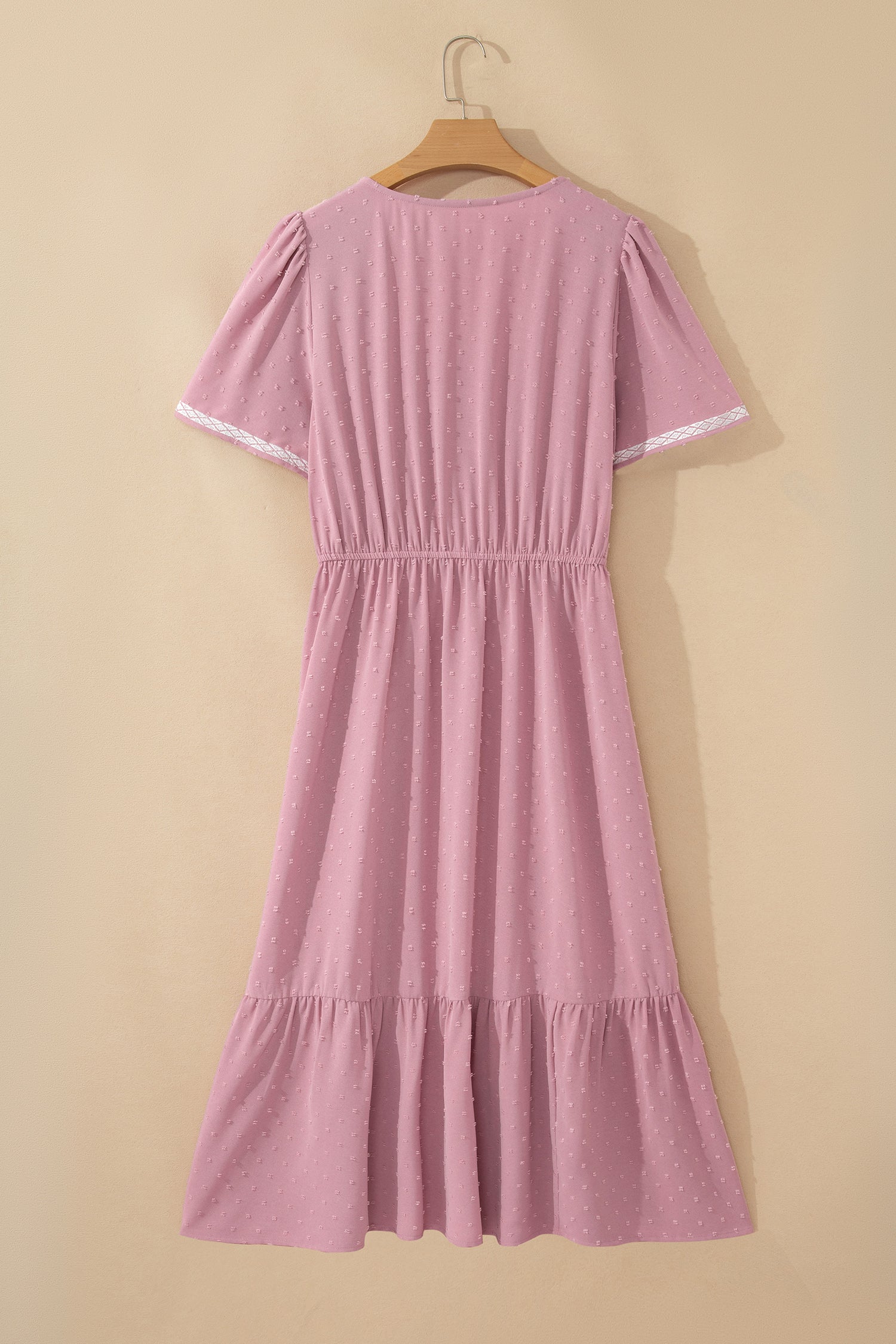 Pink Plus Size Swiss Dot Short Sleeve Smocked High Waist Flowy Midi Dress-TOPS / DRESSES-[Adult]-[Female]-2022 Online Blue Zone Planet
