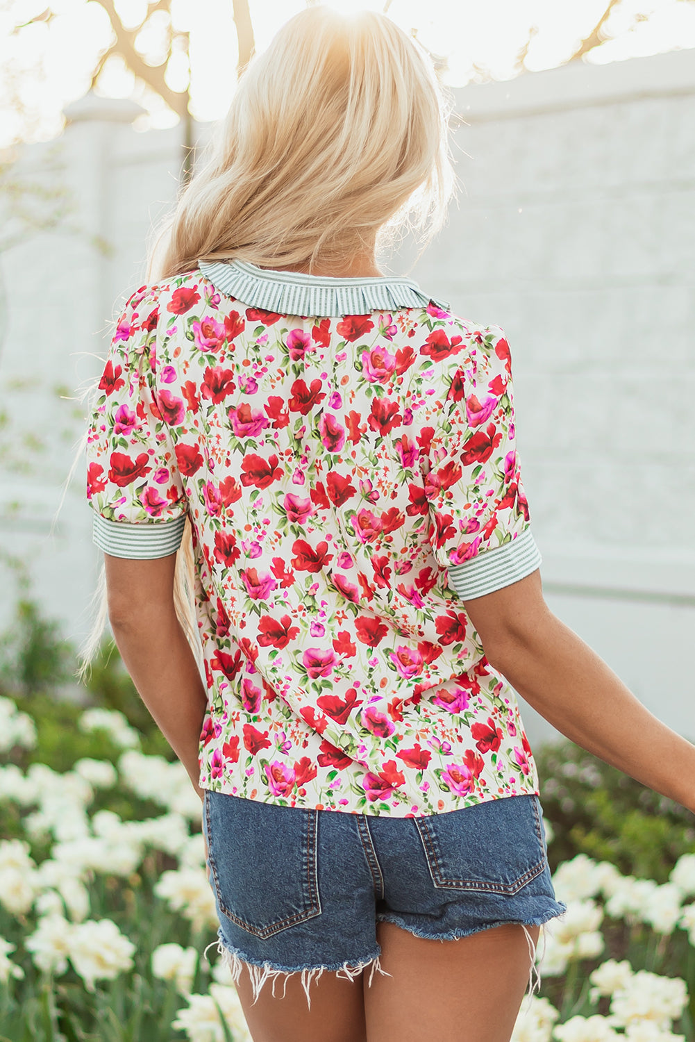 Red Floral Print Striped Patchwork Collared Short Sleeve Blouse-Tops/Blouses & Shirts-[Adult]-[Female]-2022 Online Blue Zone Planet