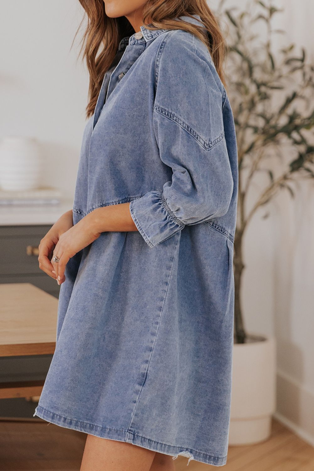 Blue Zone Planet | Distressed Collared Neck Flounce Sleeve Denim Dress-TOPS / DRESSES-[Adult]-[Female]-2022 Online Blue Zone Planet