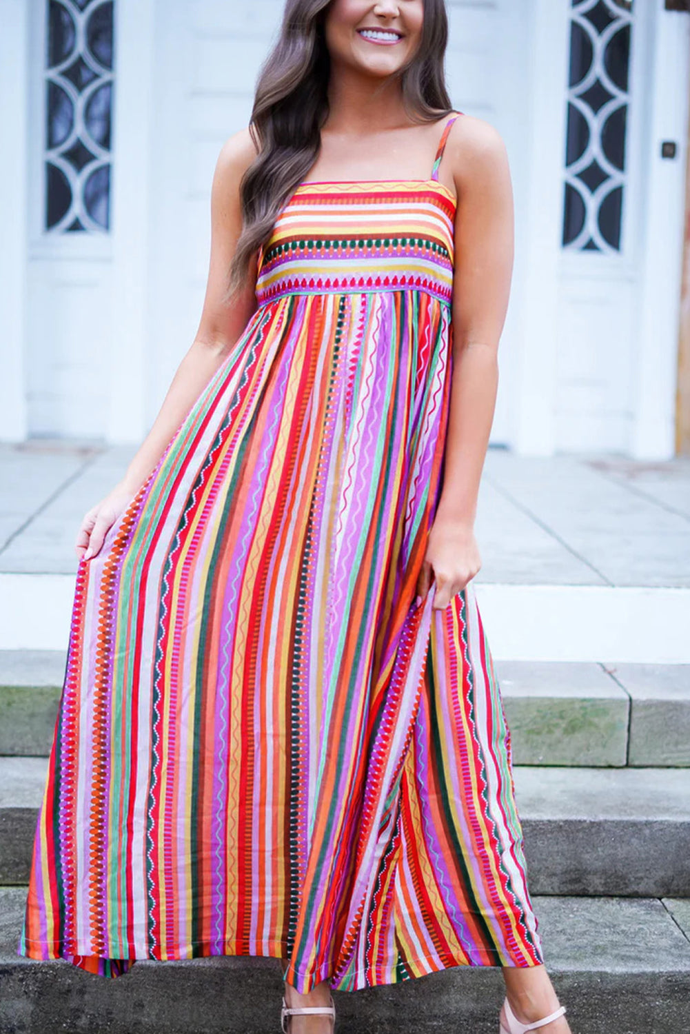 Blue Zone Planet |  Marisol's Multicolour Striped Thin Straps Smocked Back Boho Maxi Dress Blue Zone Planet