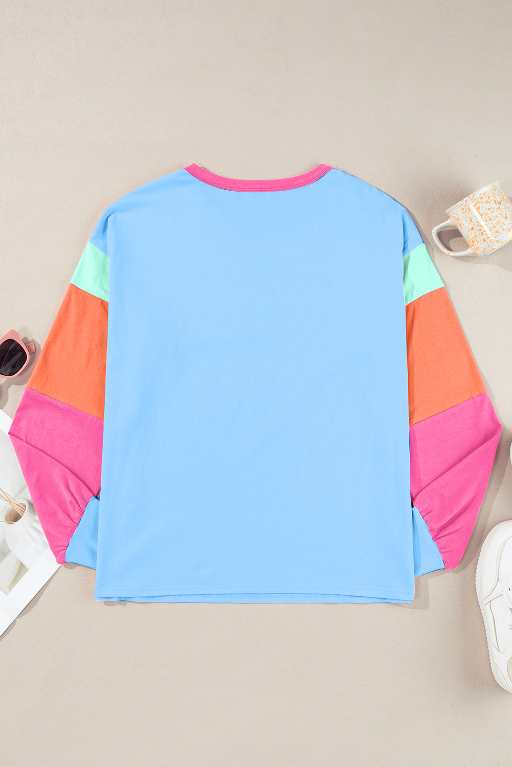 Blue Zone Planet | Color Block Round Neck Long Sleeve Top-TOPS / DRESSES-[Adult]-[Female]-2022 Online Blue Zone Planet