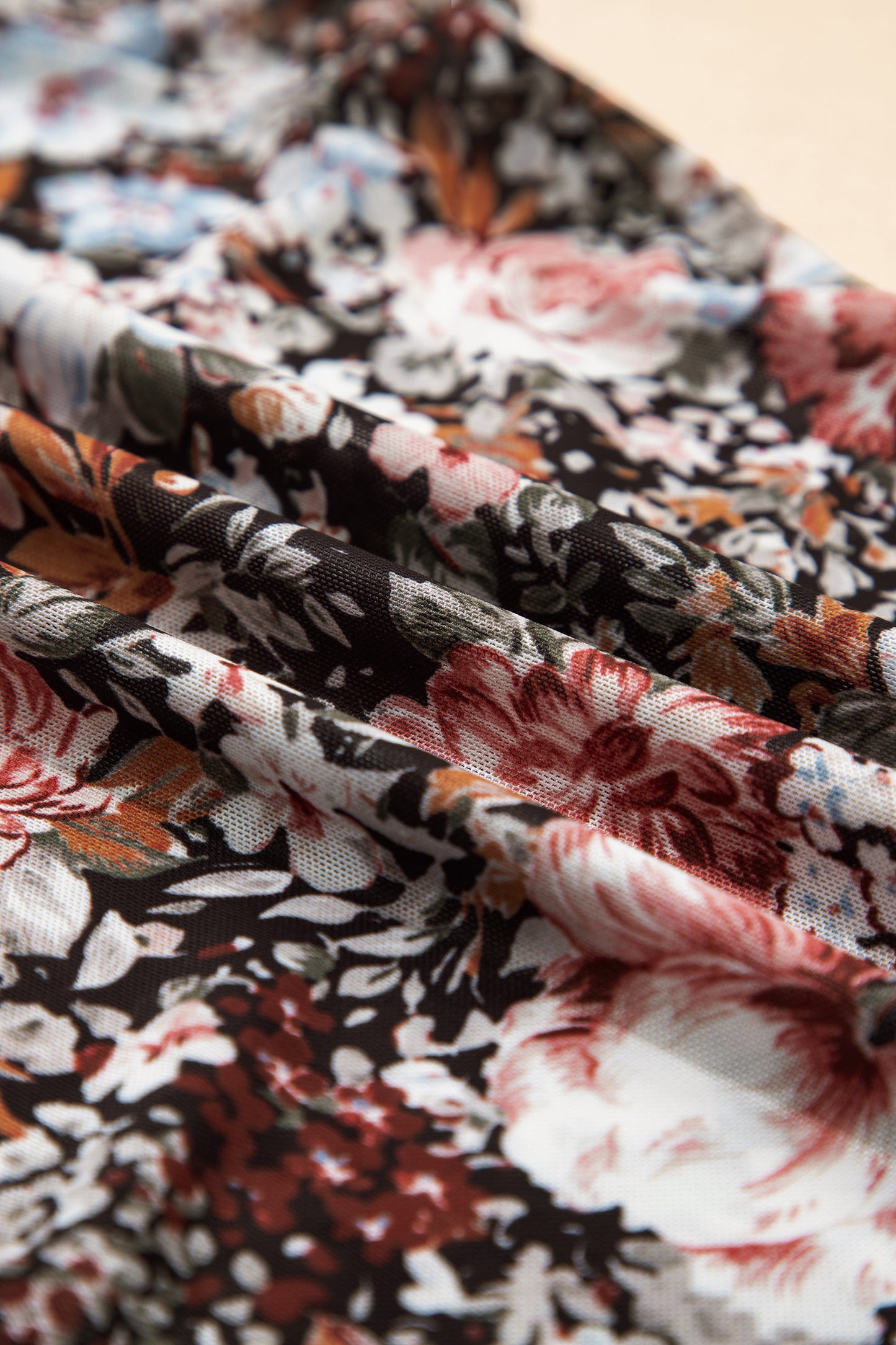 Brown Floral Print High Neck Short Sleeve Mesh Top-Tops/Tops & Tees-[Adult]-[Female]-2022 Online Blue Zone Planet