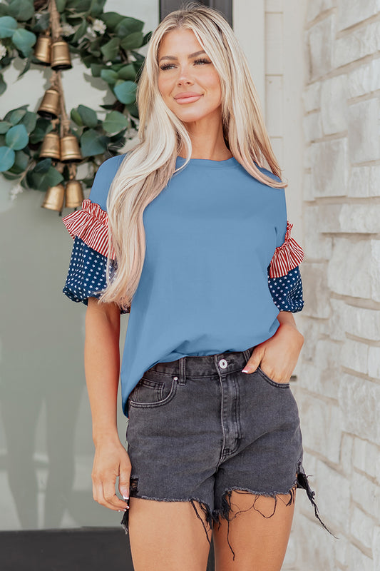 Beau Blue Stars Stripes Short Puff Sleeve Top-Tops/Tops & Tees-[Adult]-[Female]-2022 Online Blue Zone Planet