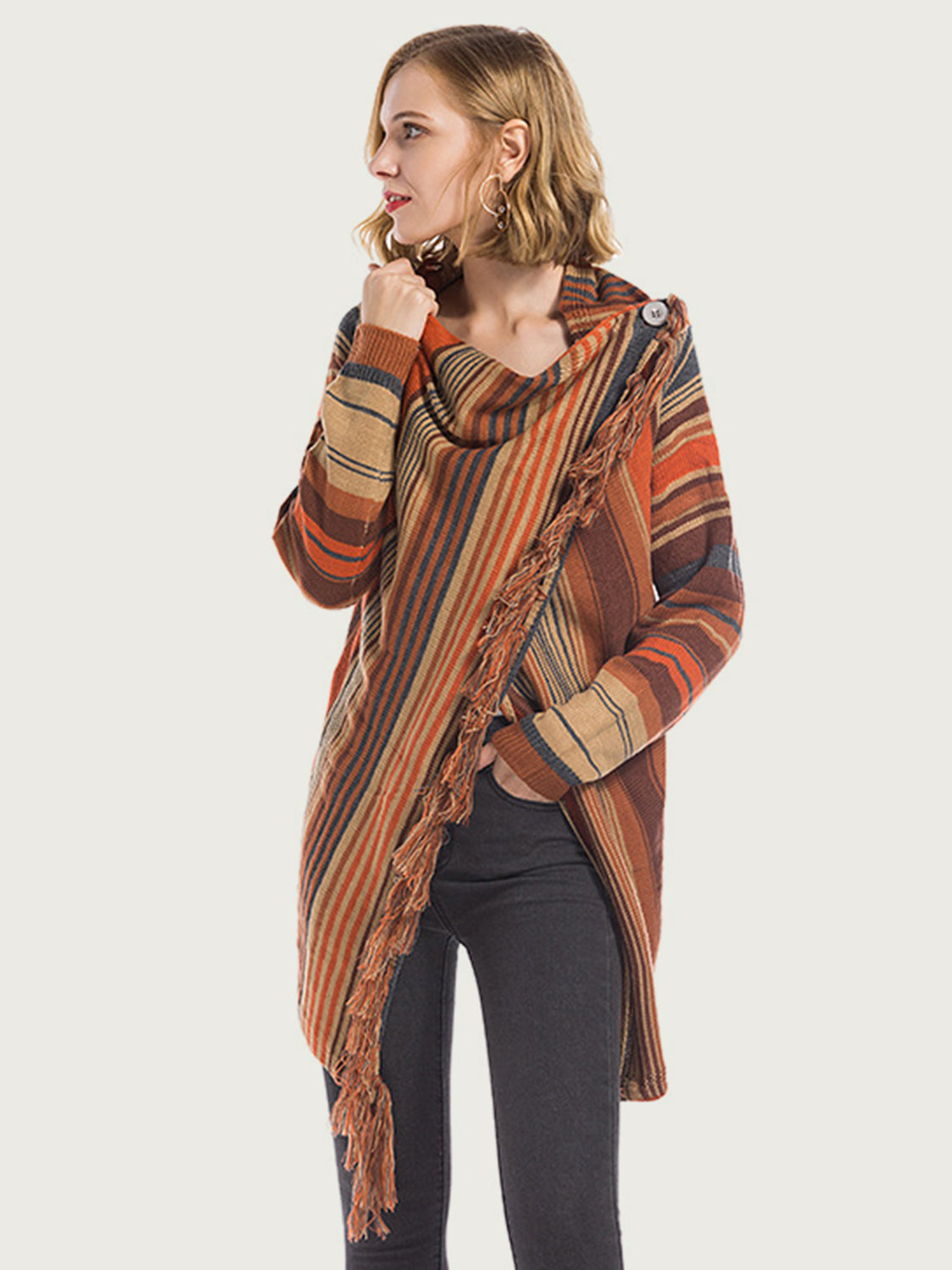 Angel Wings Tassel Striped Open Front Long Sleeve Cardigan-TOPS / DRESSES-[Adult]-[Female]-Ochre-S-2022 Online Blue Zone Planet