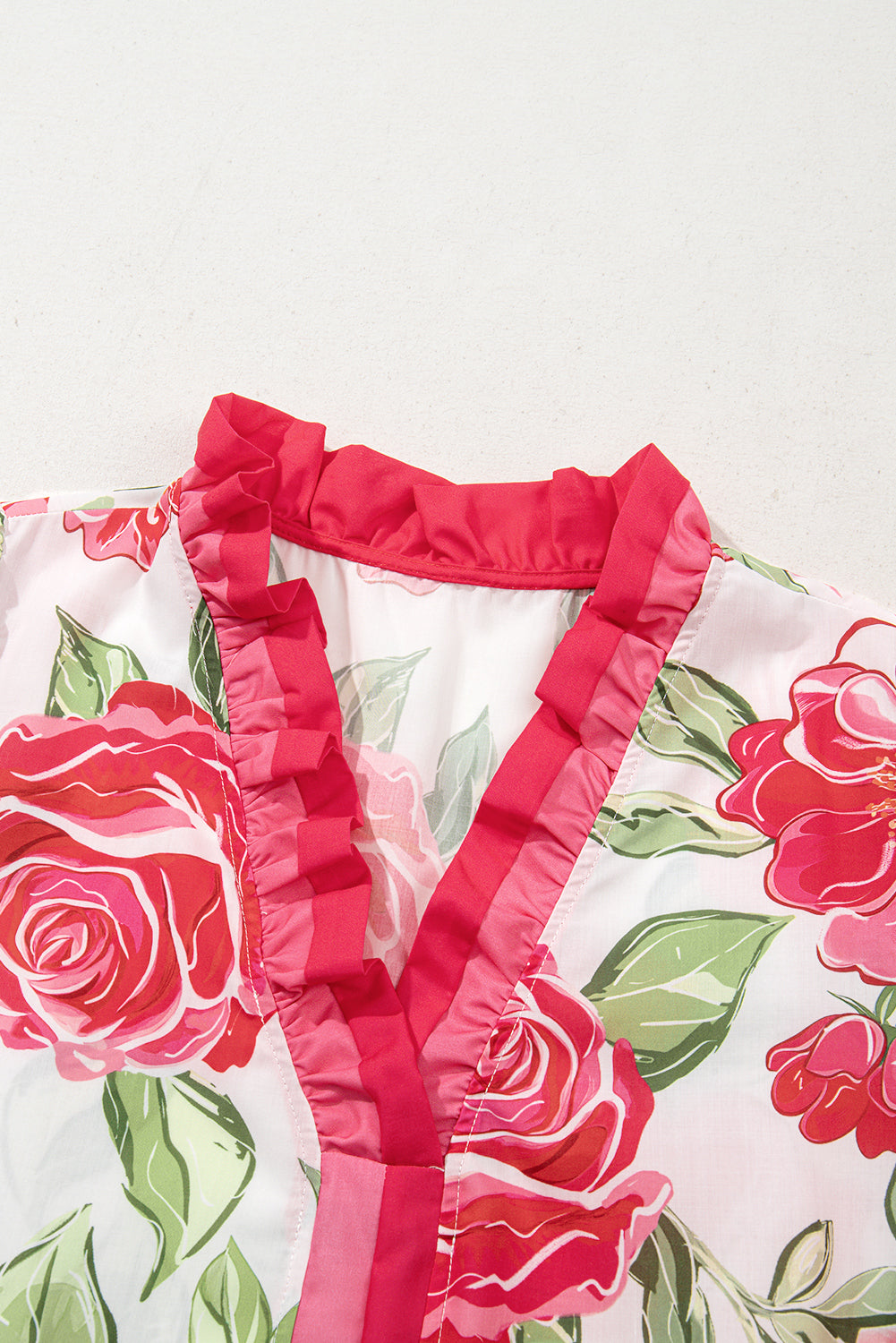 Rose Plus Size Floral Print Frilled Stripes Detail Short Sleeve Blouse-Plus Size/Plus Size Tops/Plus Size Blouses & Shirts-[Adult]-[Female]-2022 Online Blue Zone Planet