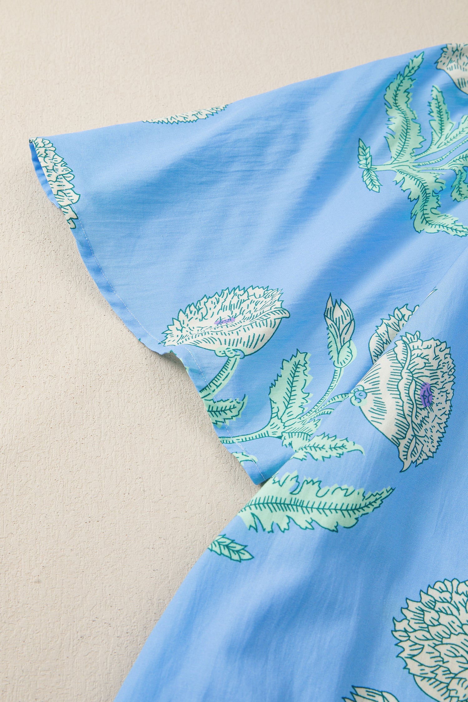 Sky Blue Plus Periwinkle Floral Printed Short Sleeve Striped Trim Split Neck Mini Dress-TOPS / DRESSES-[Adult]-[Female]-2022 Online Blue Zone Planet