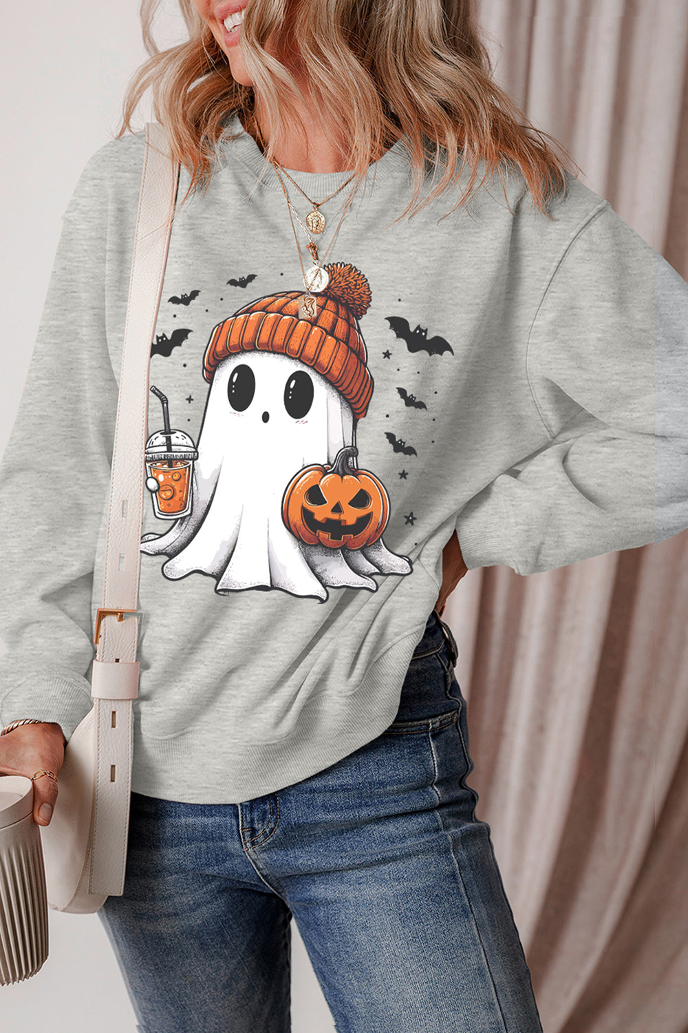 Ghost Round Neck Long Sleeve Sweatshirt-TOPS / DRESSES-[Adult]-[Female]-2022 Online Blue Zone Planet