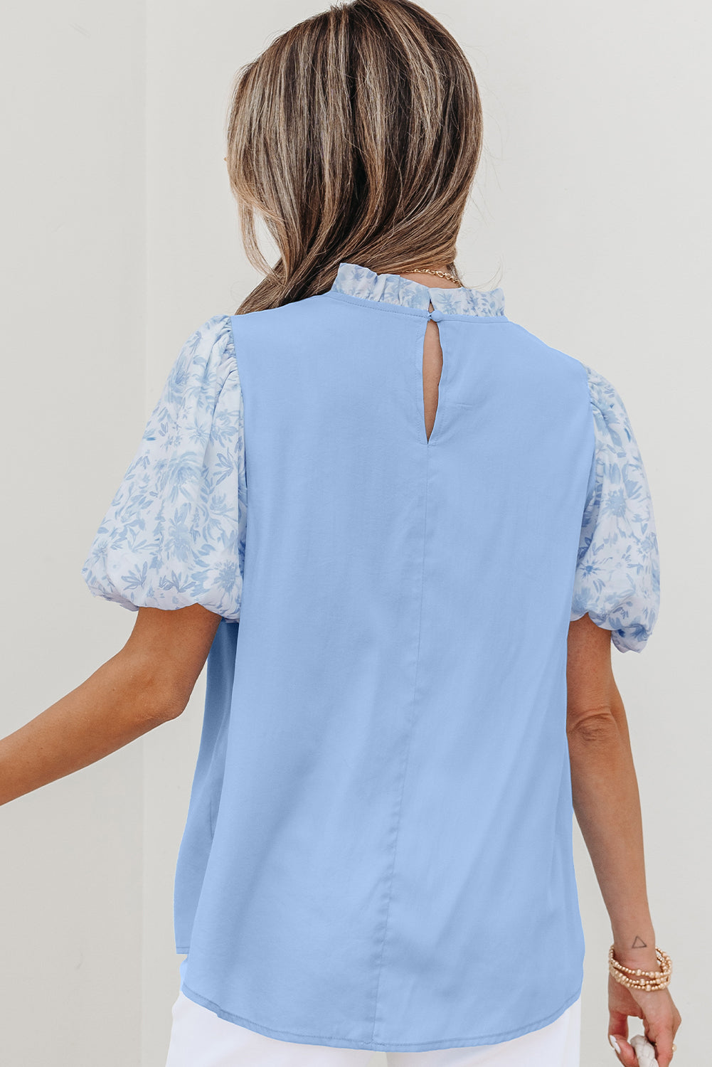 Beau Blue Lace Insert Floral Puff Sleeve Patchwork Loose Blouse-Tops/Blouses & Shirts-[Adult]-[Female]-2022 Online Blue Zone Planet