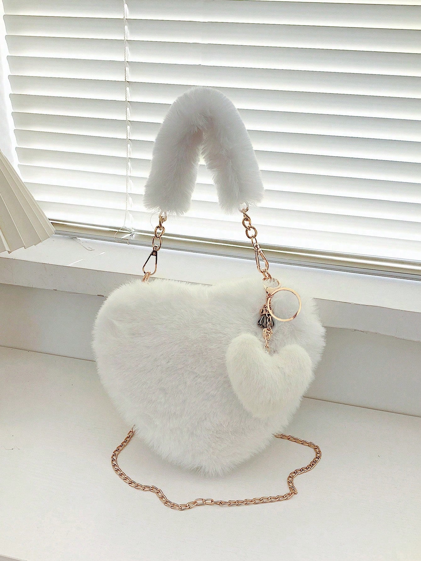 Heart Shape Faux Fur Handbag-HANDBAGS-[Adult]-[Female]-White-One Size-2022 Online Blue Zone Planet