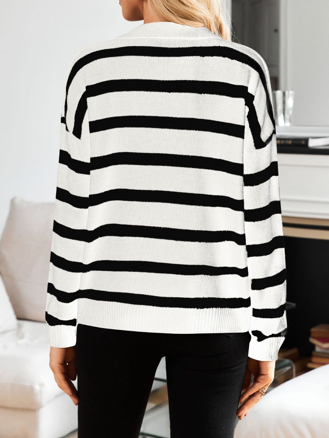 Many Striped Johnny Collar Long Sleeve Sweater-TOPS / DRESSES-[Adult]-[Female]-2022 Online Blue Zone Planet