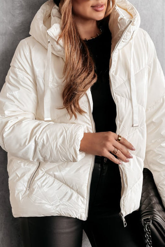 Blue Zone Planet | White Solid Quilted Hooded Zip Up Puffer Jackets-Outerwear/Jackets-[Adult]-[Female]-White-S-2022 Online Blue Zone Planet