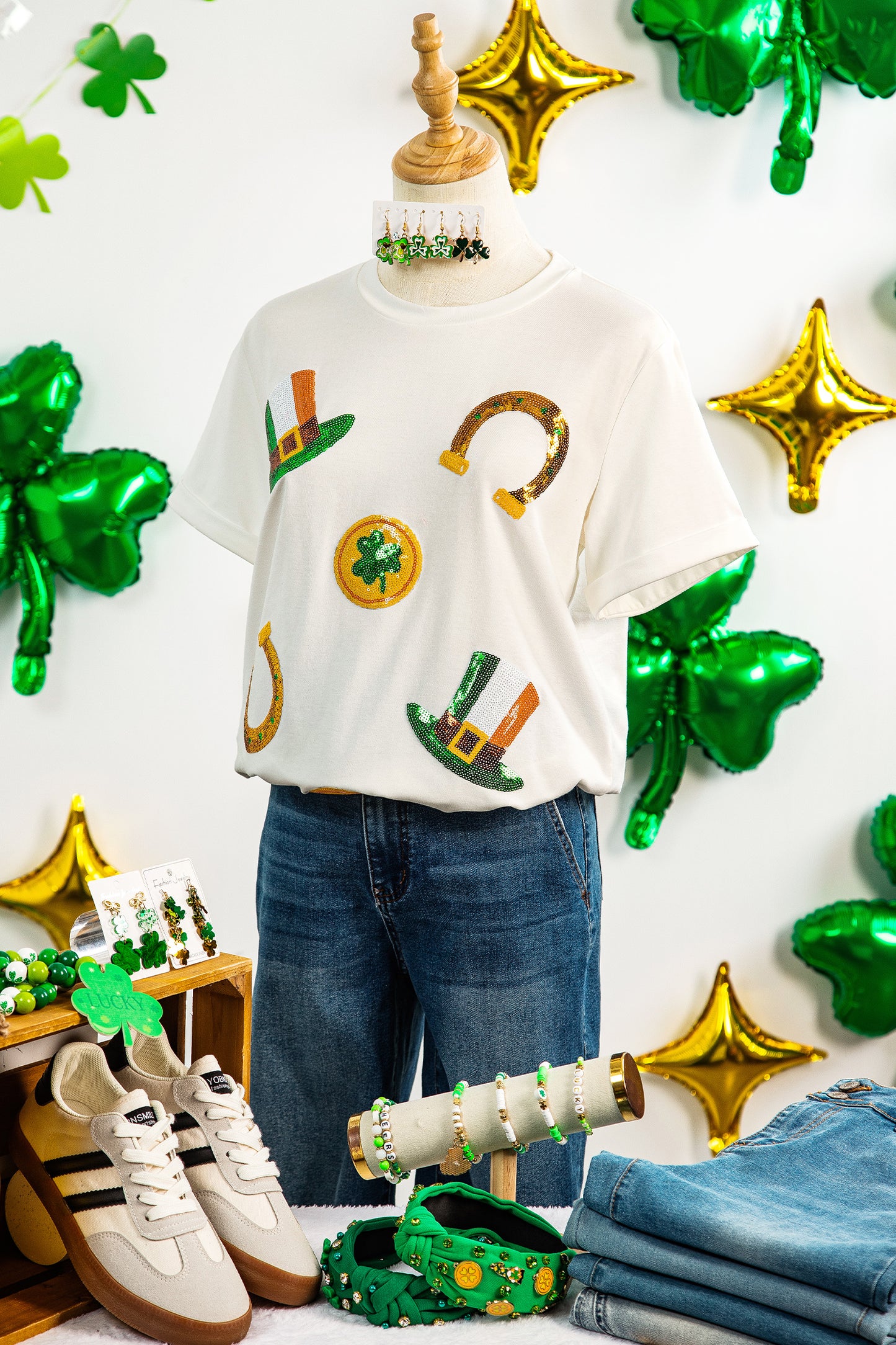 White St Patricks Day Sequin Graphic Casual T Shirt-Graphic/Graphic Tees-[Adult]-[Female]-2022 Online Blue Zone Planet