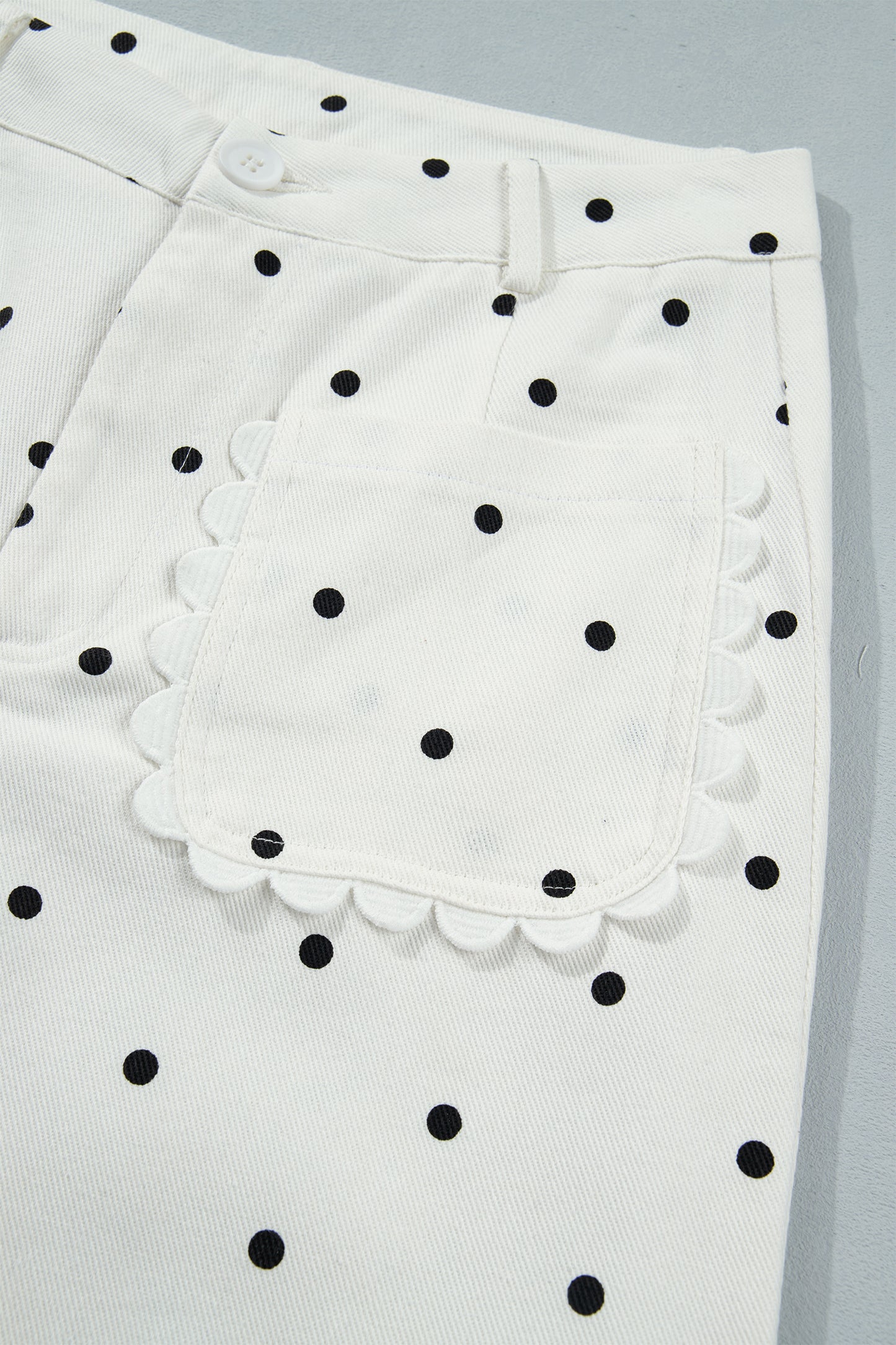 White Polka Dot Print Scalloped Patch Pocket Cotton Shift Pants-Bottoms/Pants & Culotte-[Adult]-[Female]-2022 Online Blue Zone Planet