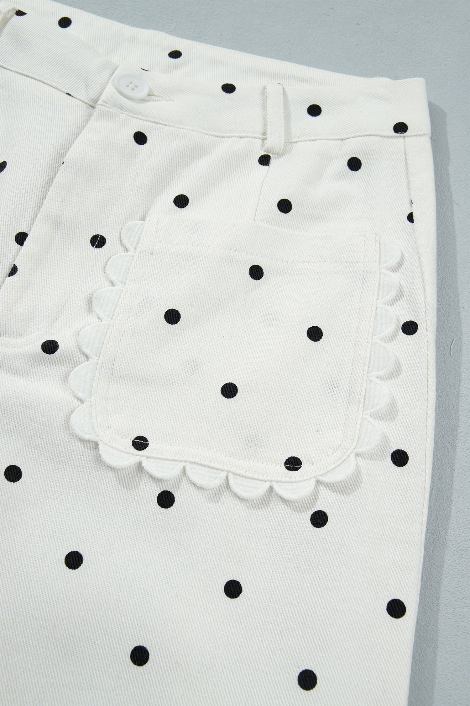 White Polka Dot Print Scalloped Patch Pocket Cotton Shift Pants-Bottoms/Pants & Culotte-[Adult]-[Female]-2022 Online Blue Zone Planet