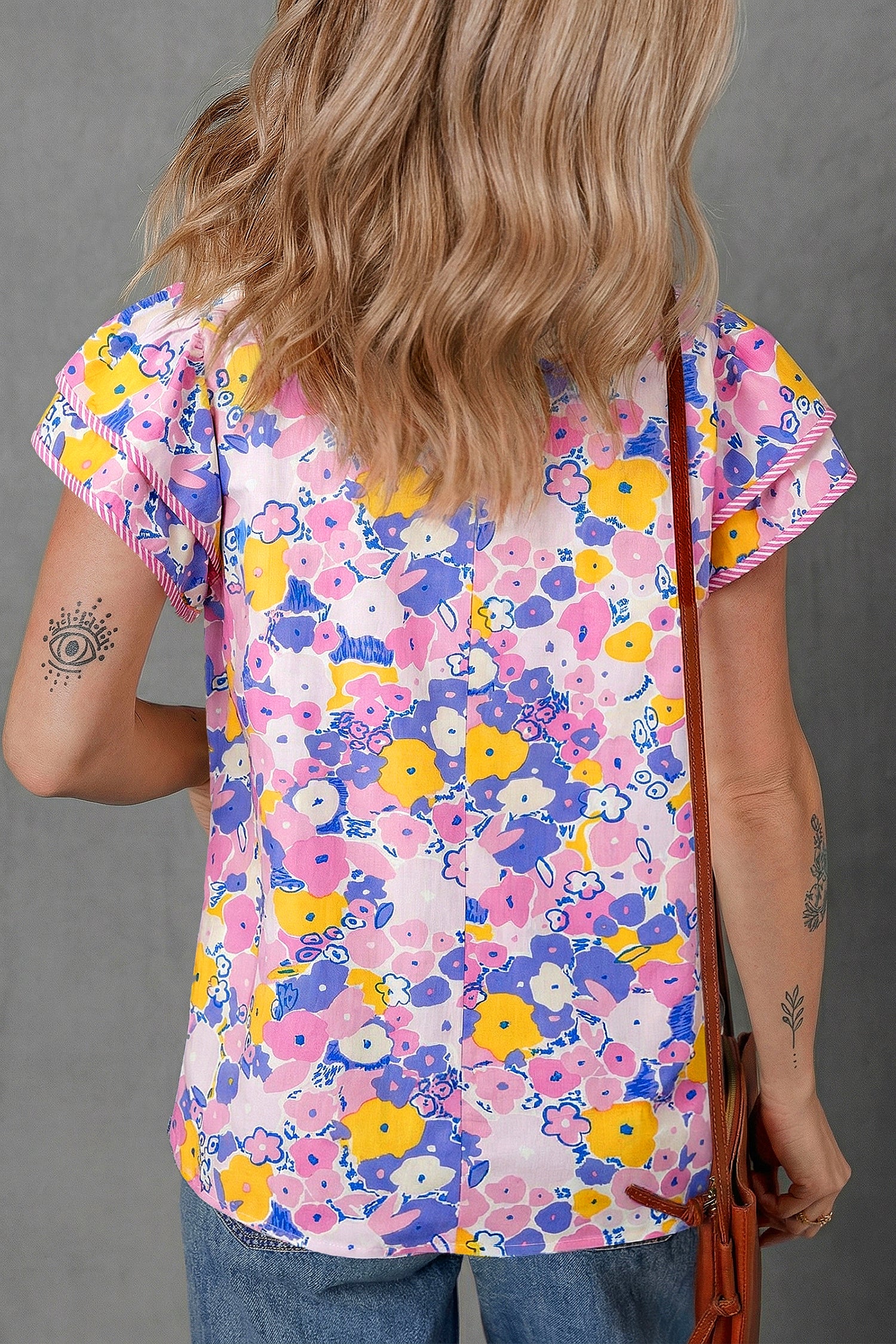 Pink Playful Floral Print Striped Color Block Patchwork V Neck Flutter Sleeve Blouse-Tops/Blouses & Shirts-[Adult]-[Female]-2022 Online Blue Zone Planet