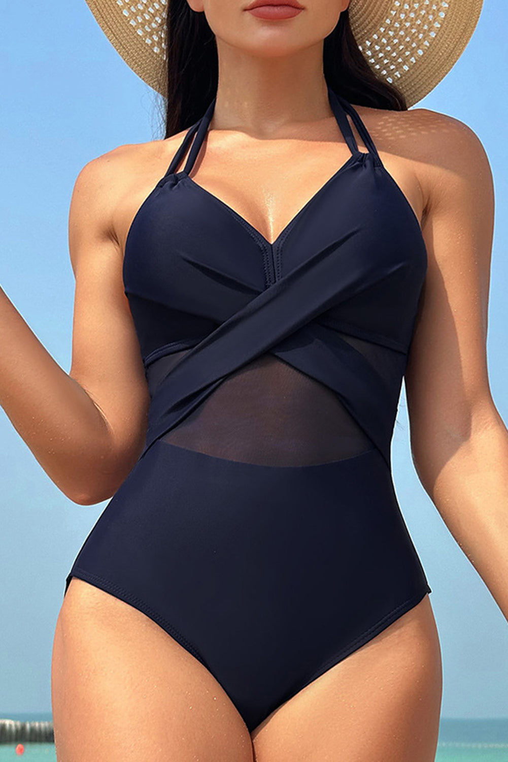 Black Halter Mesh Insert Cross Front One-Piece Swimsuit Blue Zone Planet