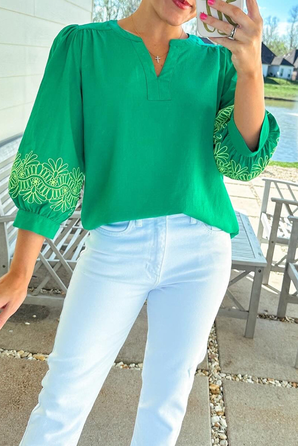 Green Contrast Floral Embroidered 3/4 Sleeve Notched V Neck Elegant Blouse-Tops/Blouses & Shirts-[Adult]-[Female]-Green-S-2022 Online Blue Zone Planet