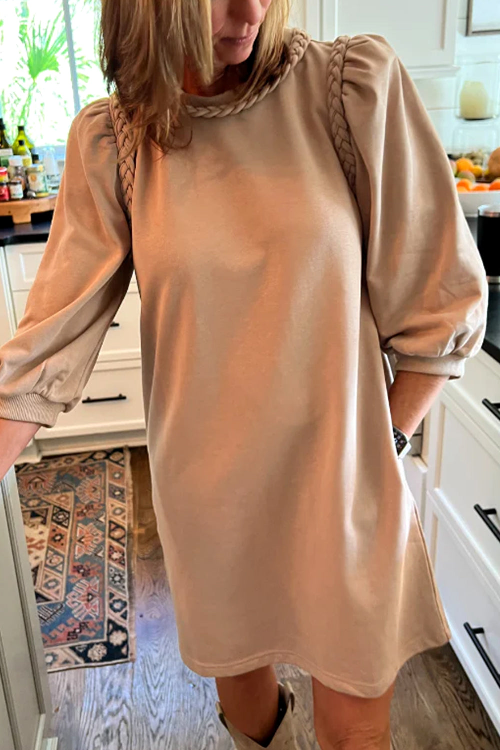 Light French Beige Braided Trim Puff Sleeve Dress Light French Beige / M / 85%Polyester+10%Cotton+5%Elastane by Blue Zone Planet