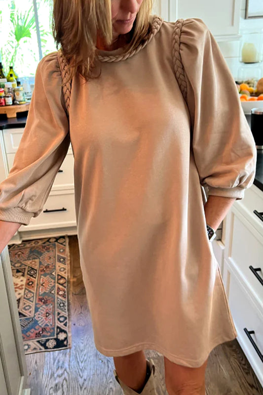 Light French Beige Braided Trim Puff Sleeve Dress-TOPS / DRESSES-[Adult]-[Female]-Light French Beige-S-2022 Online Blue Zone Planet