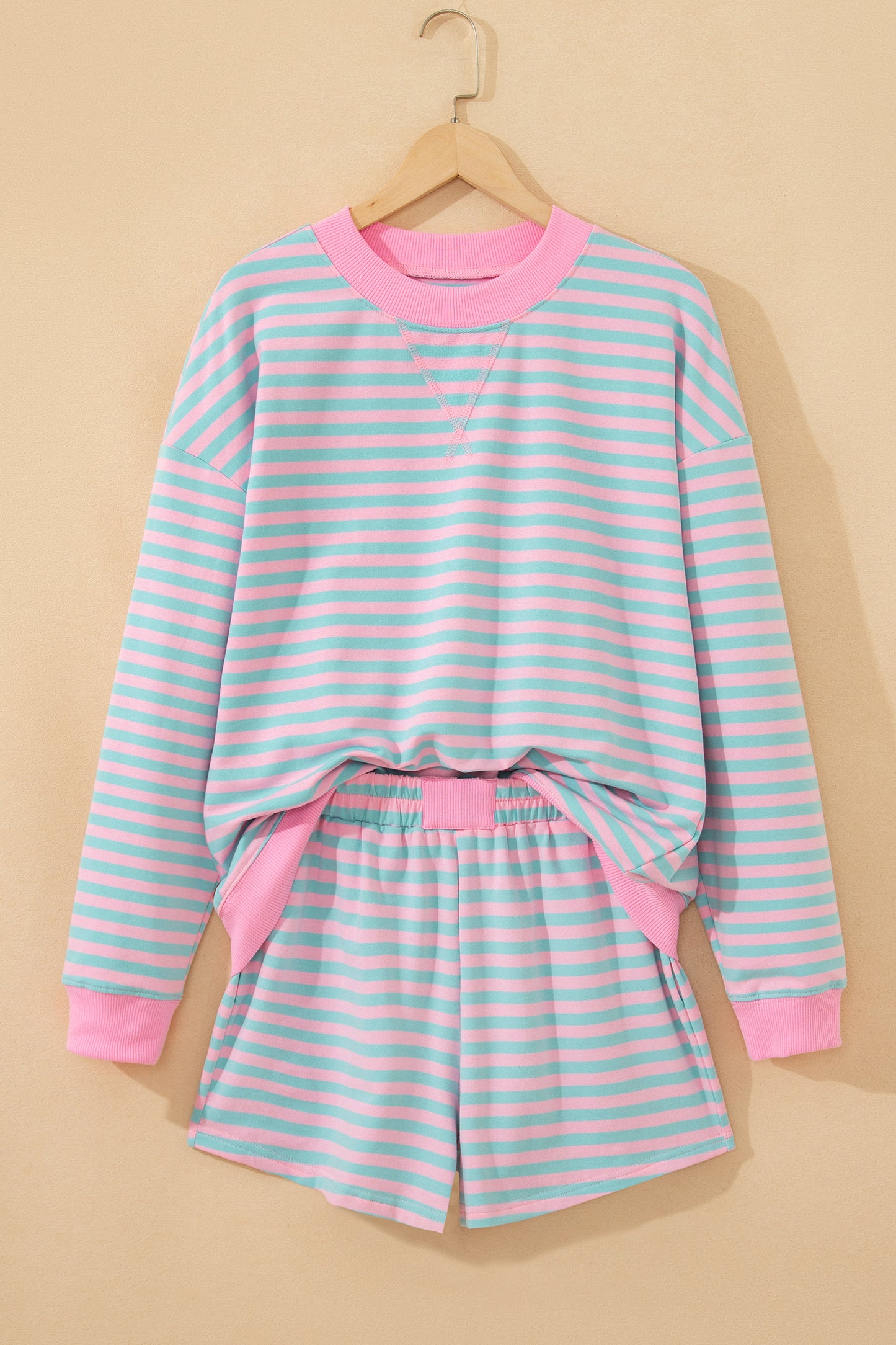 Pink Stripe Color Block Detail Long Sleeve Pullover Elastic Waist Pull On Shorts 2pcs Set-Two Piece Sets/Short Sets-[Adult]-[Female]-2022 Online Blue Zone Planet