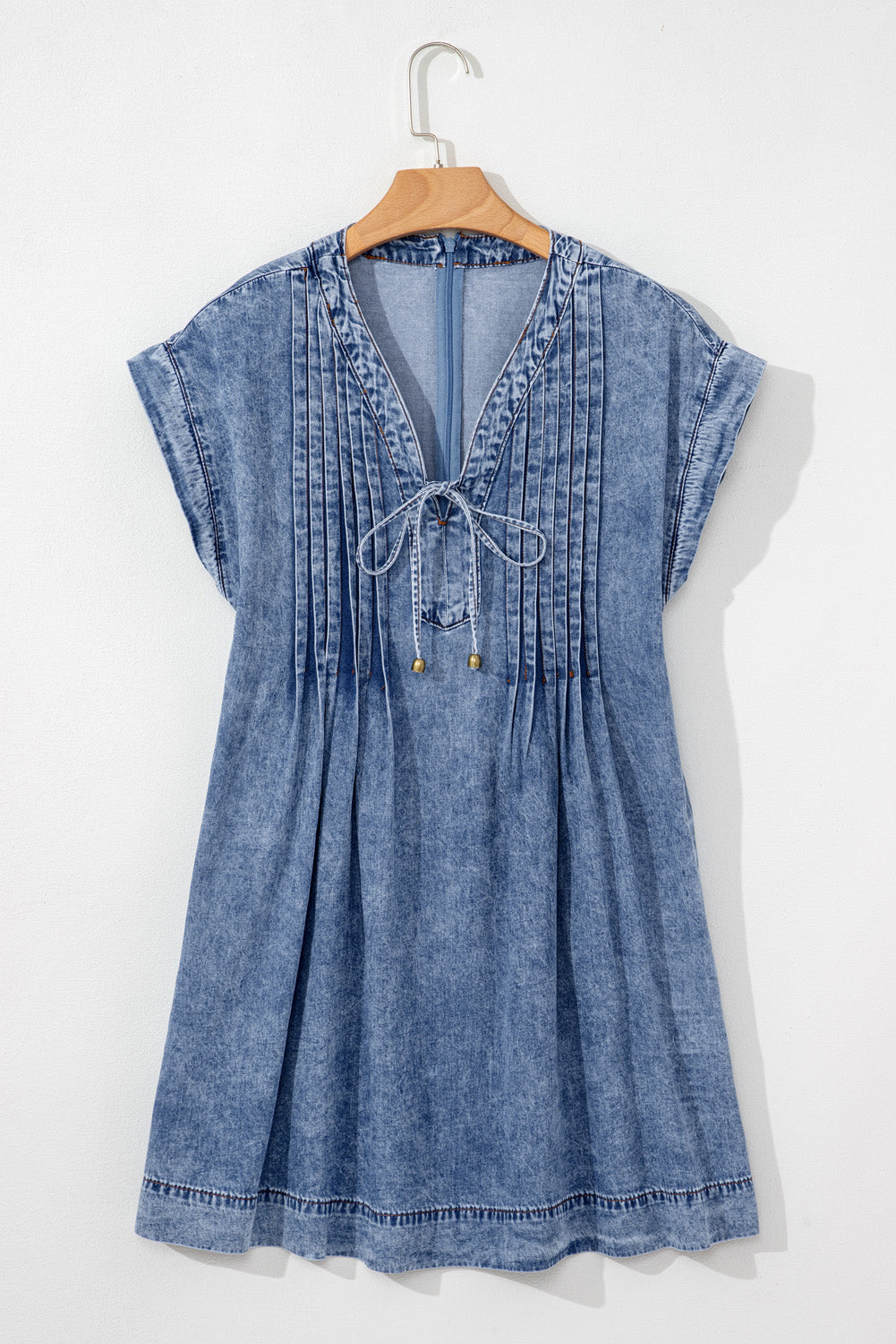 Beau Blue Tie V Neck Tucking Detail Short Sleeve Denim Shift Dress-TOPS / DRESSES-[Adult]-[Female]-2022 Online Blue Zone Planet