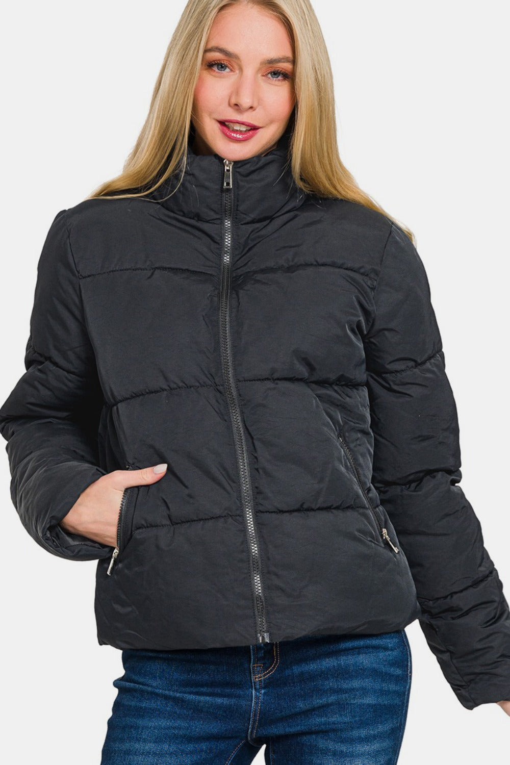 Zenana Zip Up Turtleneck Puffer Jacket with Pockets-TOPS / DRESSES-[Adult]-[Female]-2022 Online Blue Zone Planet