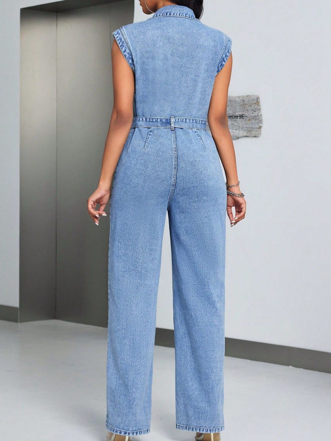 Tied Half Button Denim Jumpsuit with Pockets-TOPS / DRESSES-[Adult]-[Female]-2022 Online Blue Zone Planet