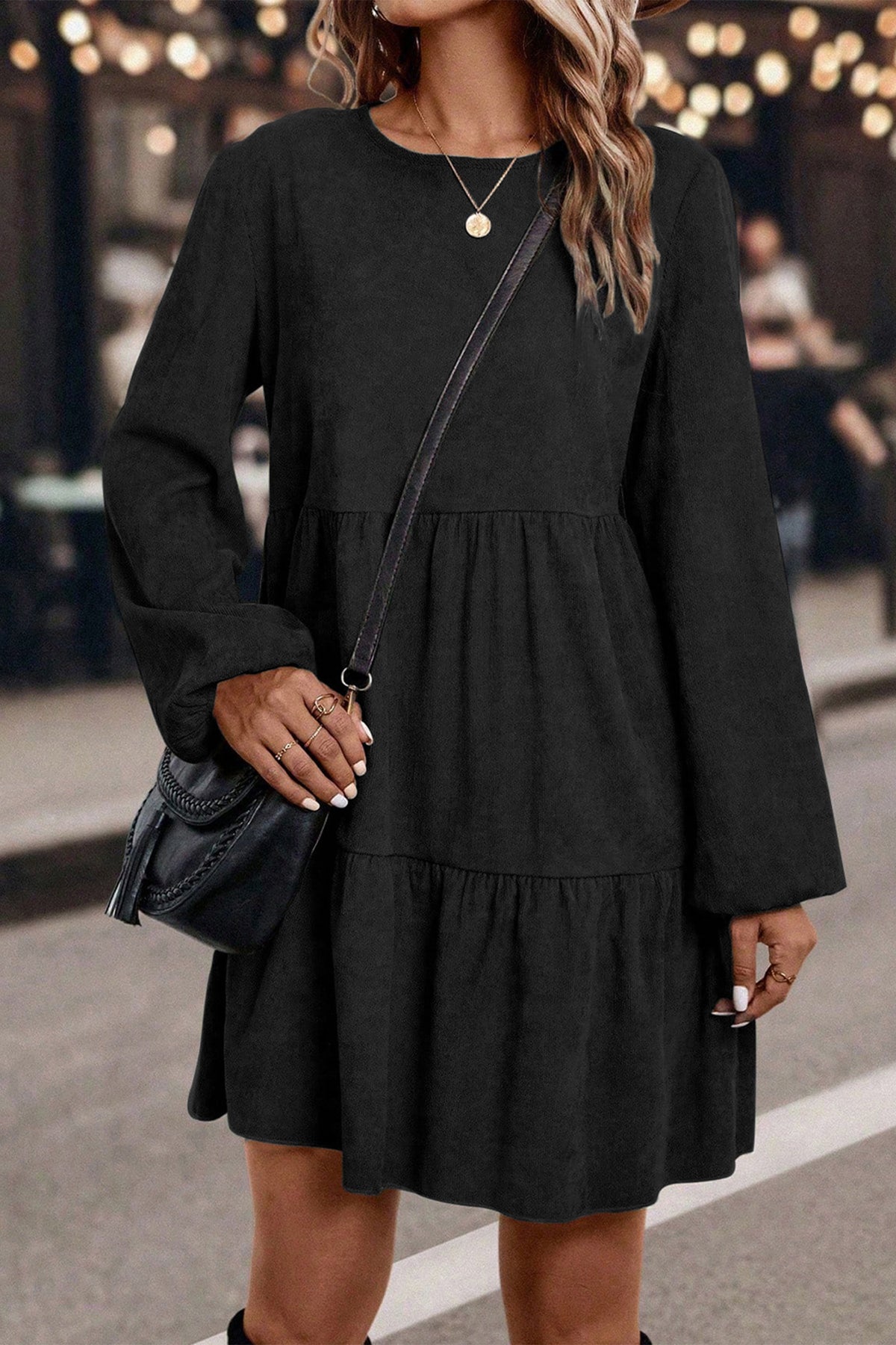 Black Lantern Sleeve Tiered Mini Dress