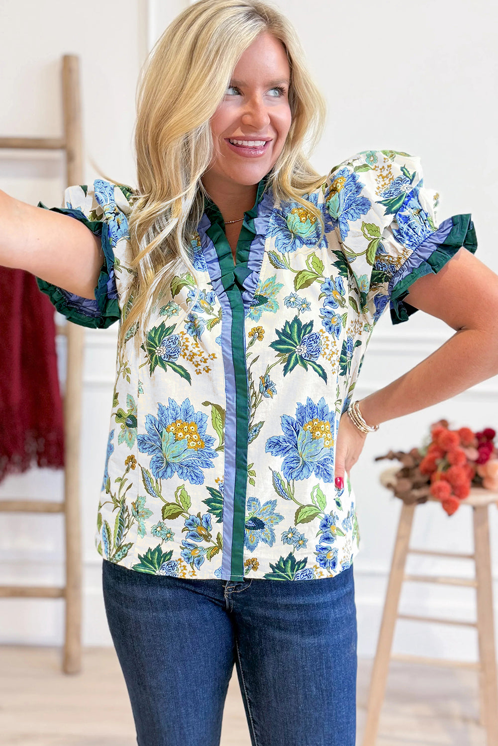 Beige Floral Print Contrasted Frilled Striped Trim Short Sleeve Blouse-Tops/Blouses & Shirts-[Adult]-[Female]-2022 Online Blue Zone Planet