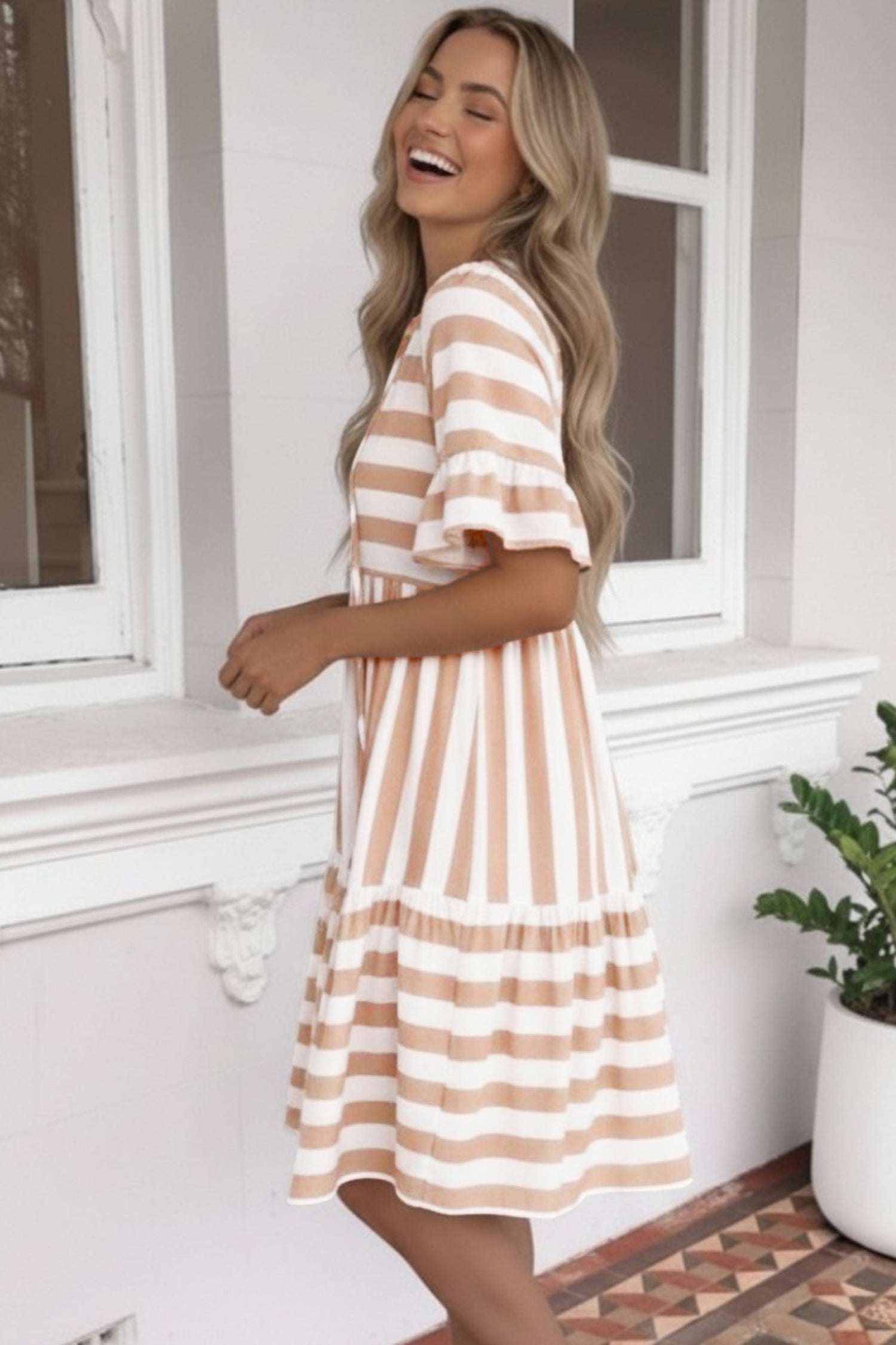 Khaki Stripe Tie V Neck Ruffle Trim Short Sleeve Flared Summer Dress-Dresses/Mini Dresses-[Adult]-[Female]-2022 Online Blue Zone Planet