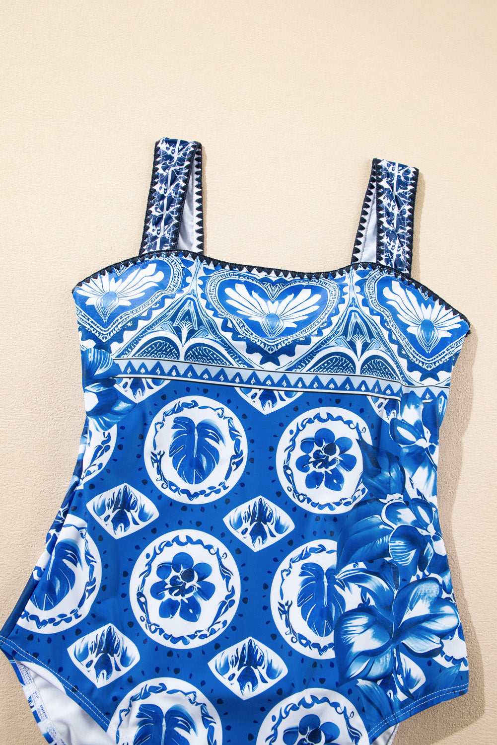 Blue Tile Pattern Ricrac Wide Straps Sheath One Piece Swimsuit-Swimwear/One Piece Swimsuit-[Adult]-[Female]-2022 Online Blue Zone Planet