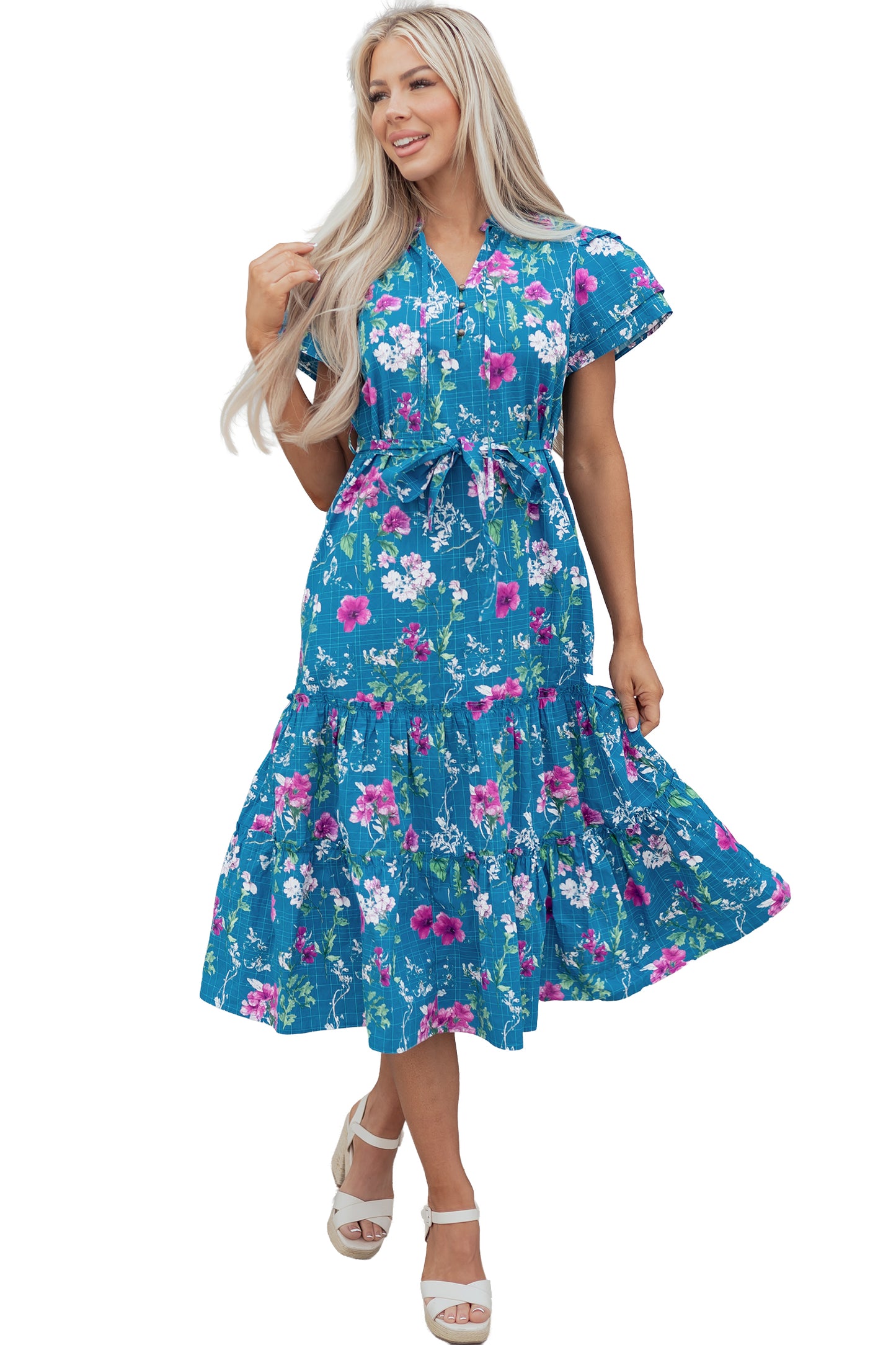 Blue Floral Flutter Sleeve Button Tie Split Neck Belted Long Dress-TOPS / DRESSES-[Adult]-[Female]-2022 Online Blue Zone Planet
