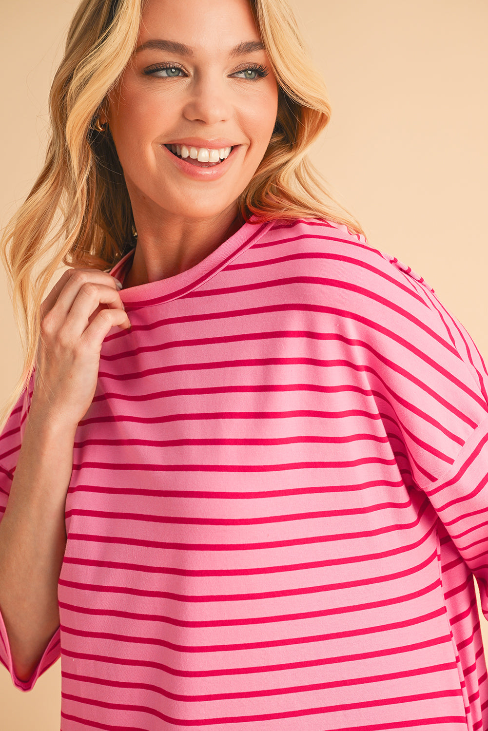 Strawberry Pink Striped Drop Sleeve Loose Dress-Maxi Dresses-[Adult]-[Female]-2022 Online Blue Zone Planet