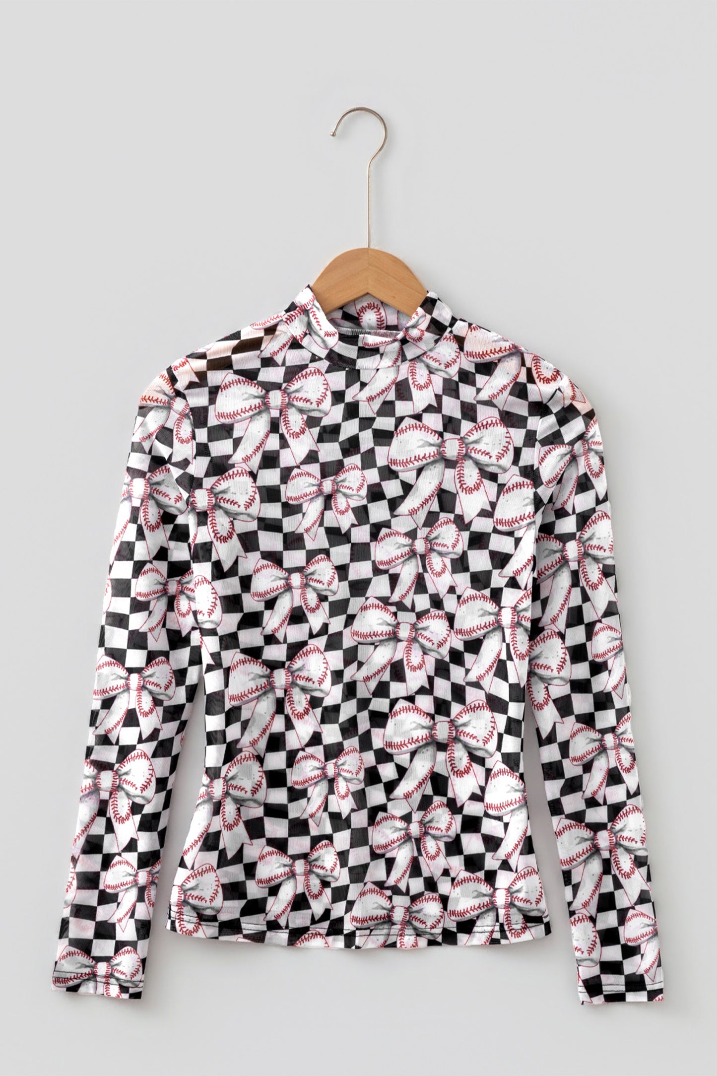 Black High Neck Plaid Baseball Bow Long Sleeve Pullover Tops-Tops/Long Sleeve Tops-[Adult]-[Female]-2022 Online Blue Zone Planet