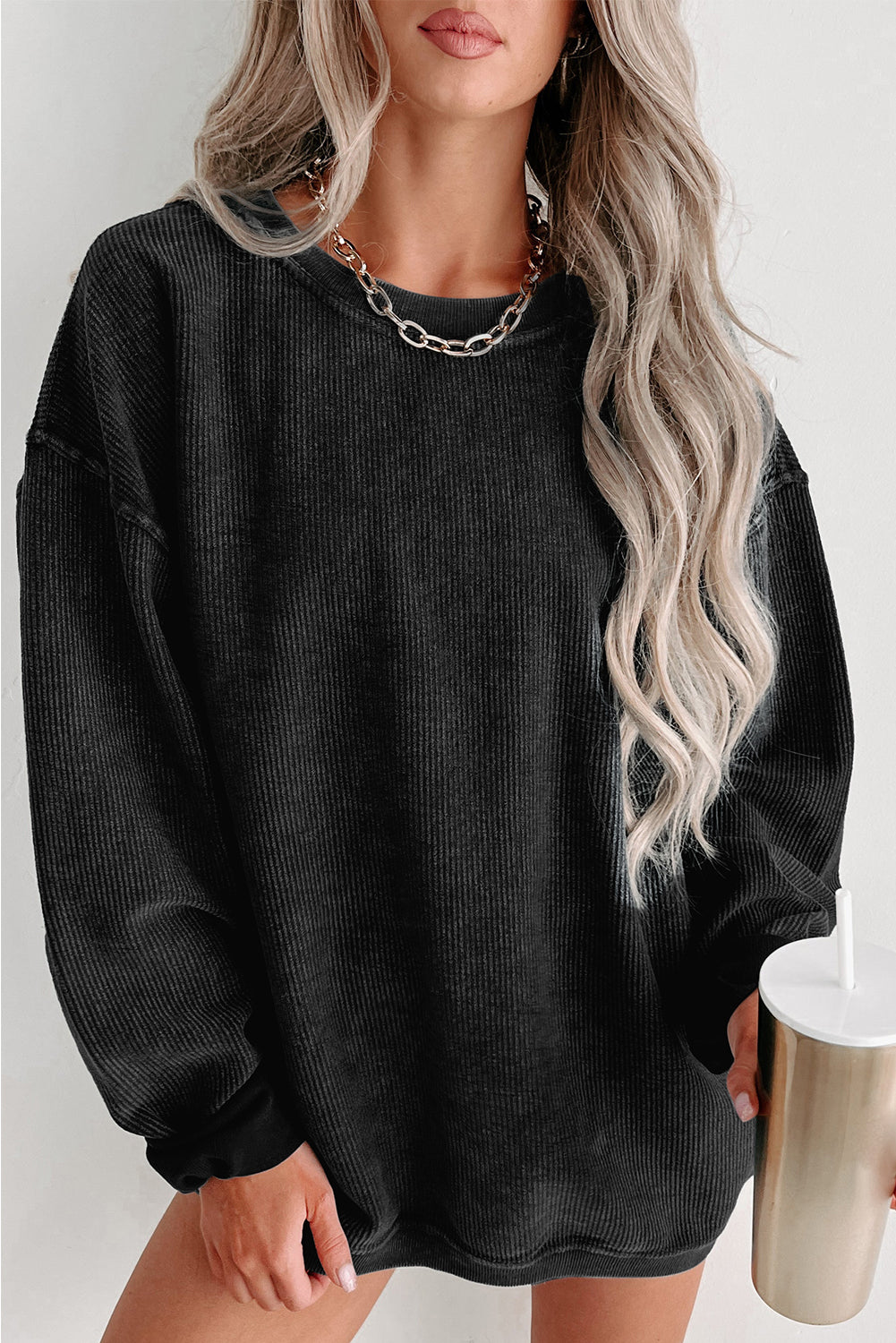 Khaki Solid Ribbed Knit Round Neck Pullover Sweatshirt-Tops/Sweatshirts & Hoodies-[Adult]-[Female]-Black-S-2022 Online Blue Zone Planet
