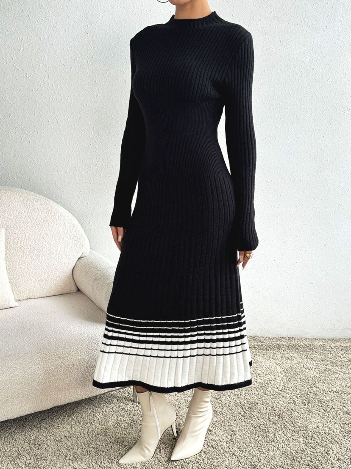 Contrast Mock Neck Long Sleeve Sweater Dress-TOPS / DRESSES-[Adult]-[Female]-2022 Online Blue Zone Planet