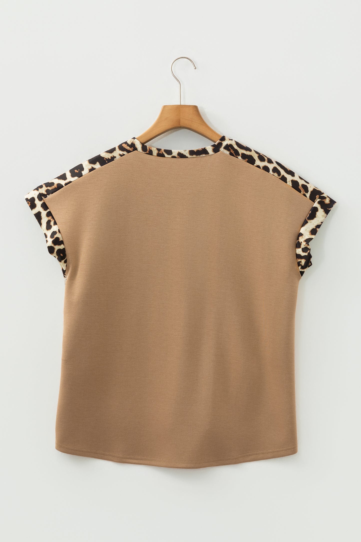 Light French Beige Leopard Trim Round Neck Loose T Shirt-Tops/Tops & Tees-[Adult]-[Female]-2022 Online Blue Zone Planet