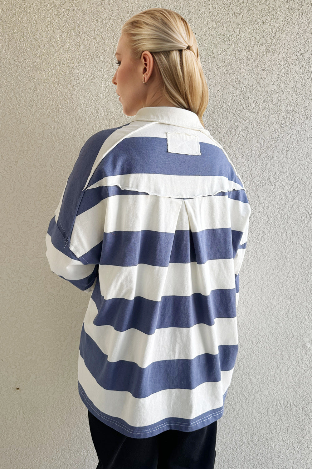 Oh Pima Cotton Wash Wide Striped Collared Neck Long Sleeve Top-TOPS / DRESSES-[Adult]-[Female]-2022 Online Blue Zone Planet