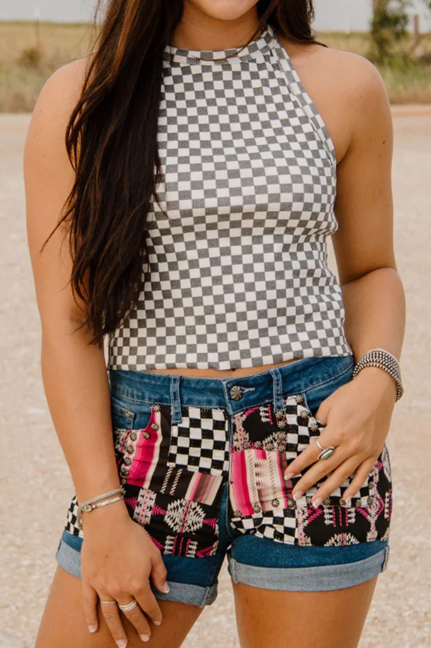 Gray Checkered Print Textured Halter Tank Top-Tops/Tank Tops-[Adult]-[Female]-2022 Online Blue Zone Planet