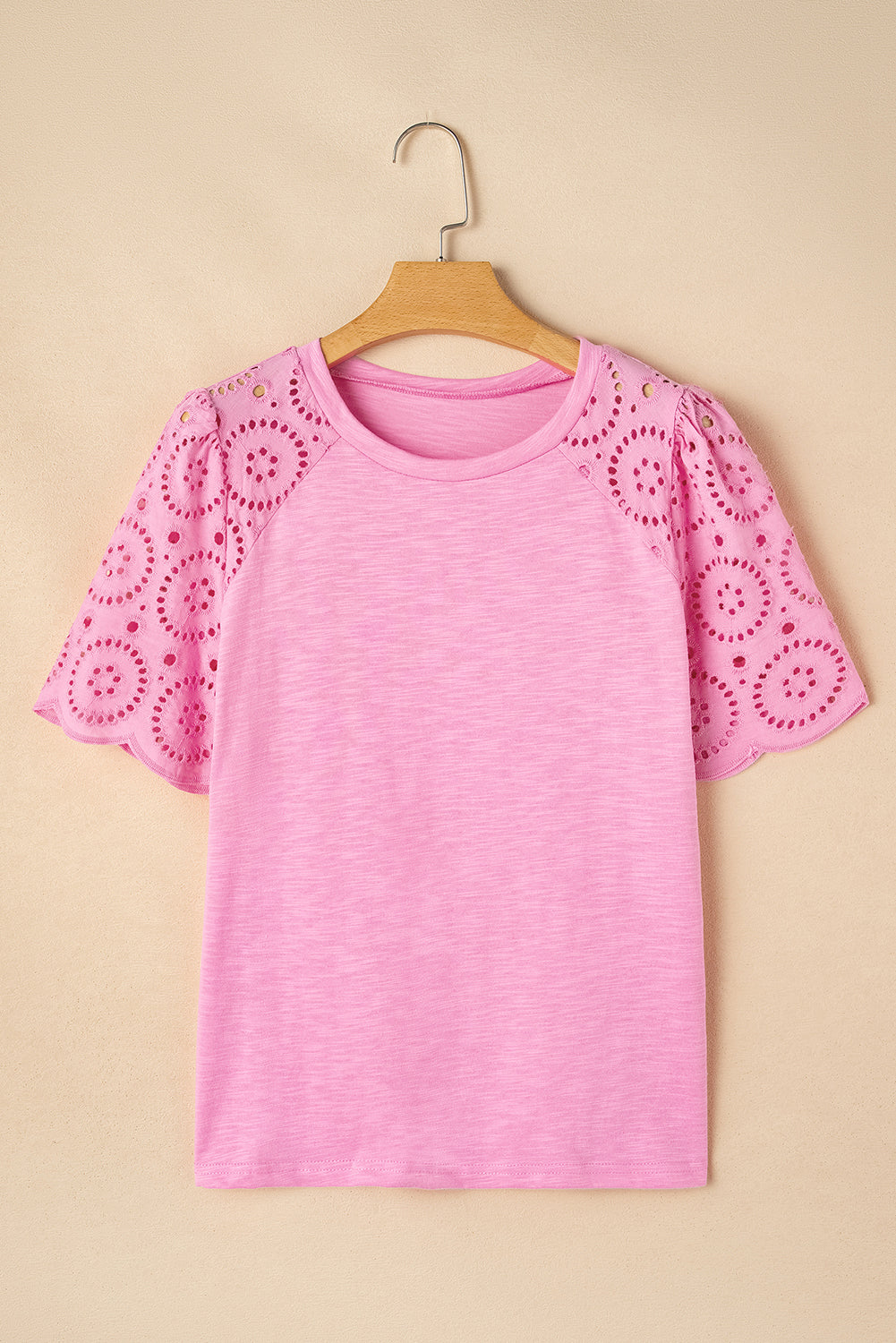 Pink Eyelet Embroidery Scalloped Sleeve Round Neck T Shirt-Tops/Tops & Tees-[Adult]-[Female]-2022 Online Blue Zone Planet
