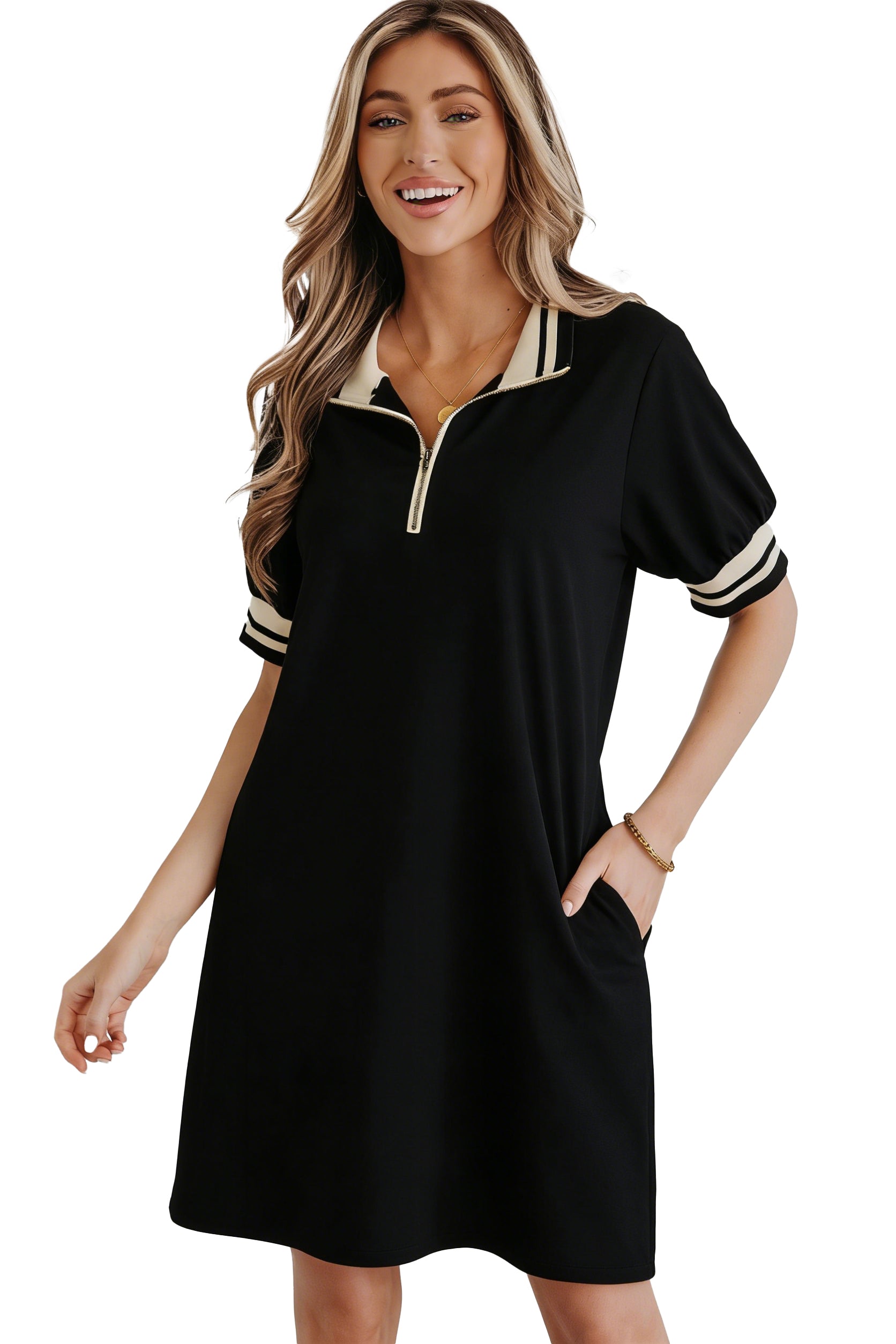 Black Striped Webbing Trim Preppy Polo Tee Dress-Dresses/T Shirt Dresses-[Adult]-[Female]-2022 Online Blue Zone Planet